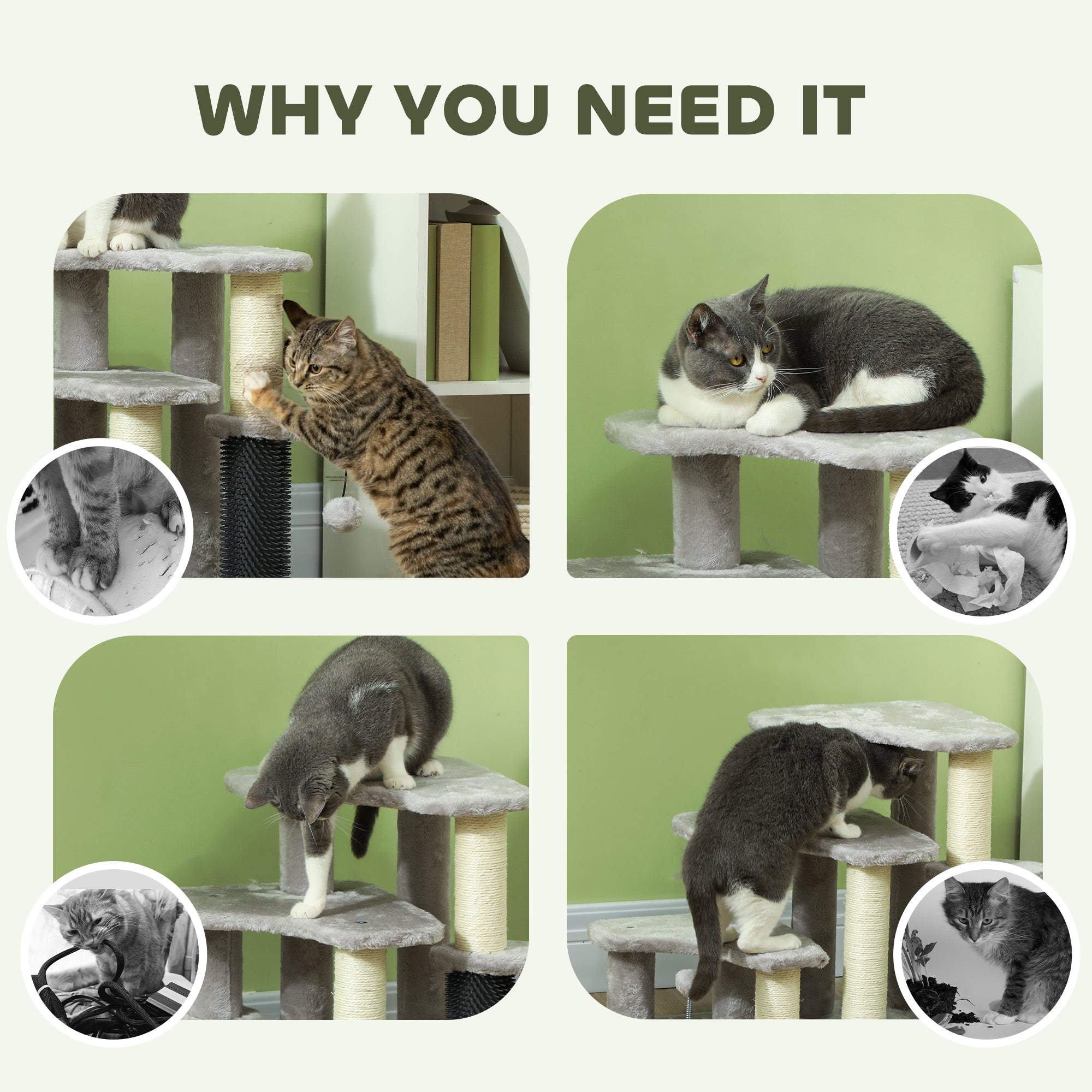 PawHut 2-in-1 Cat Tree, Pet Stairs w/ Scratching Post, Toy Balls, for Bed, Sofa, Couch, Light Grey - North Peak Garden Furniture