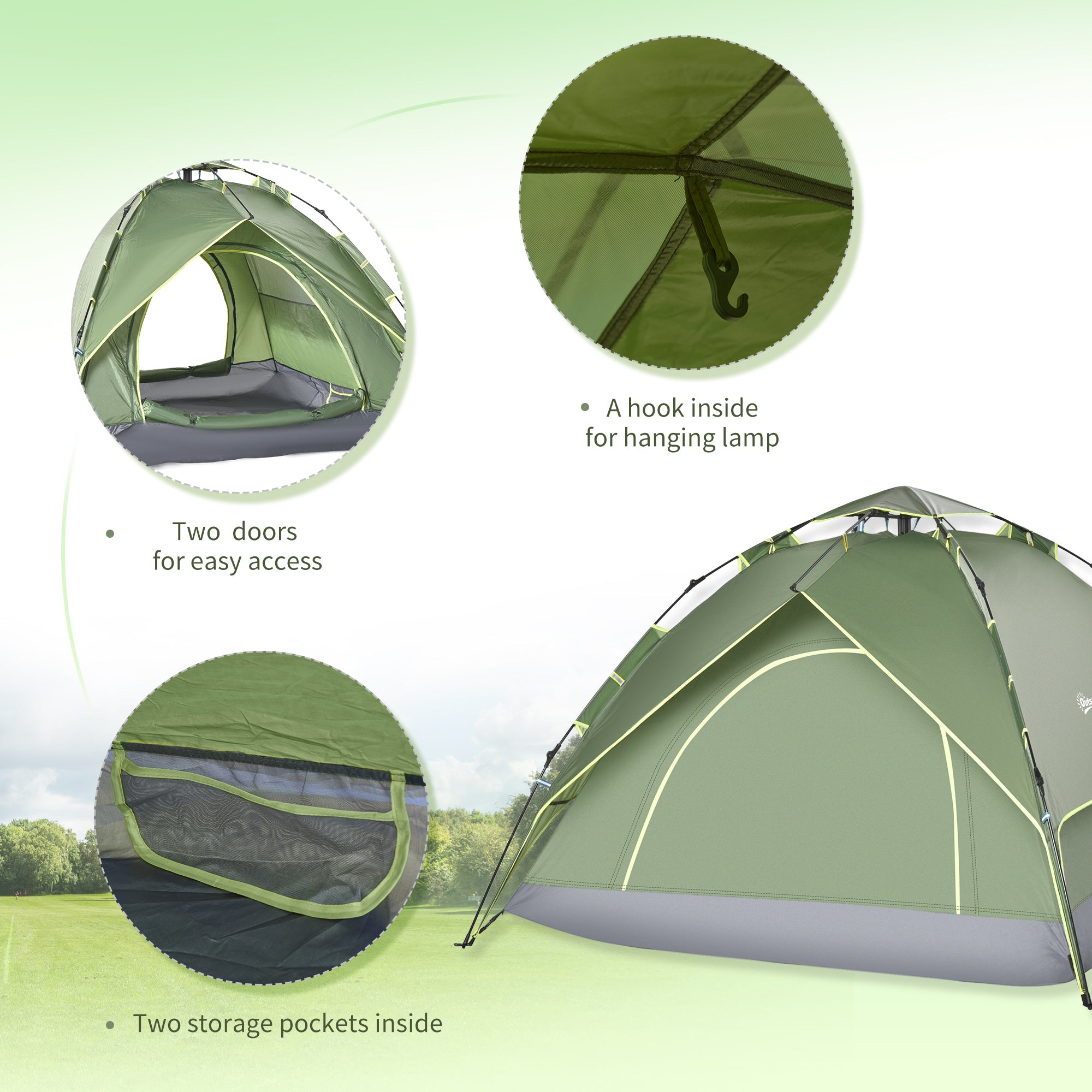 Outsunny Three Man Pop Up Tent Camping Festival Hiking Family Travel Shelter Portable