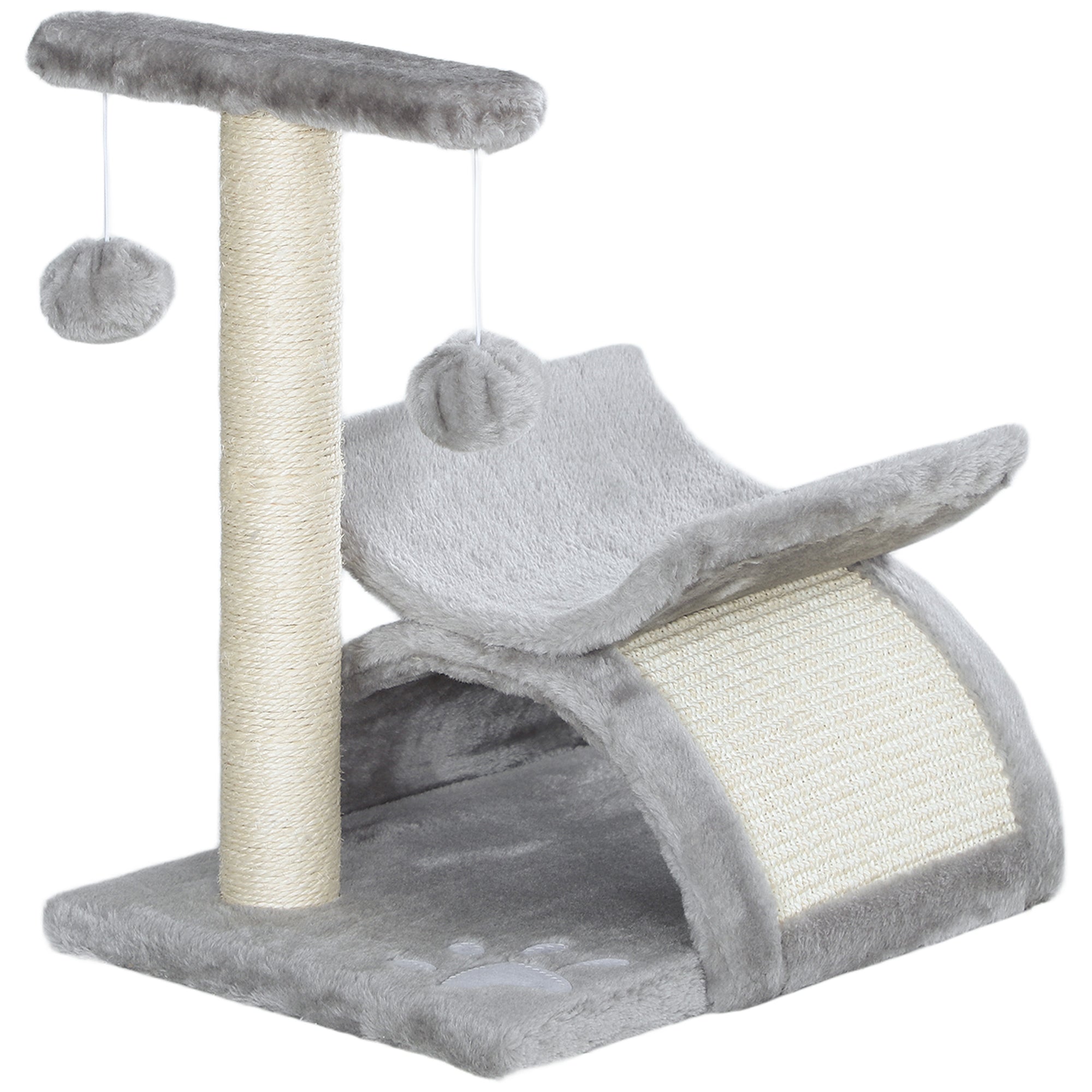 PawHut Cat Tree, Cat Tower for Kittens, Small Cat Condo with Rotatable Top Bar, Sisal Scratching Post, Tunnel, Dangling Balls - Grey