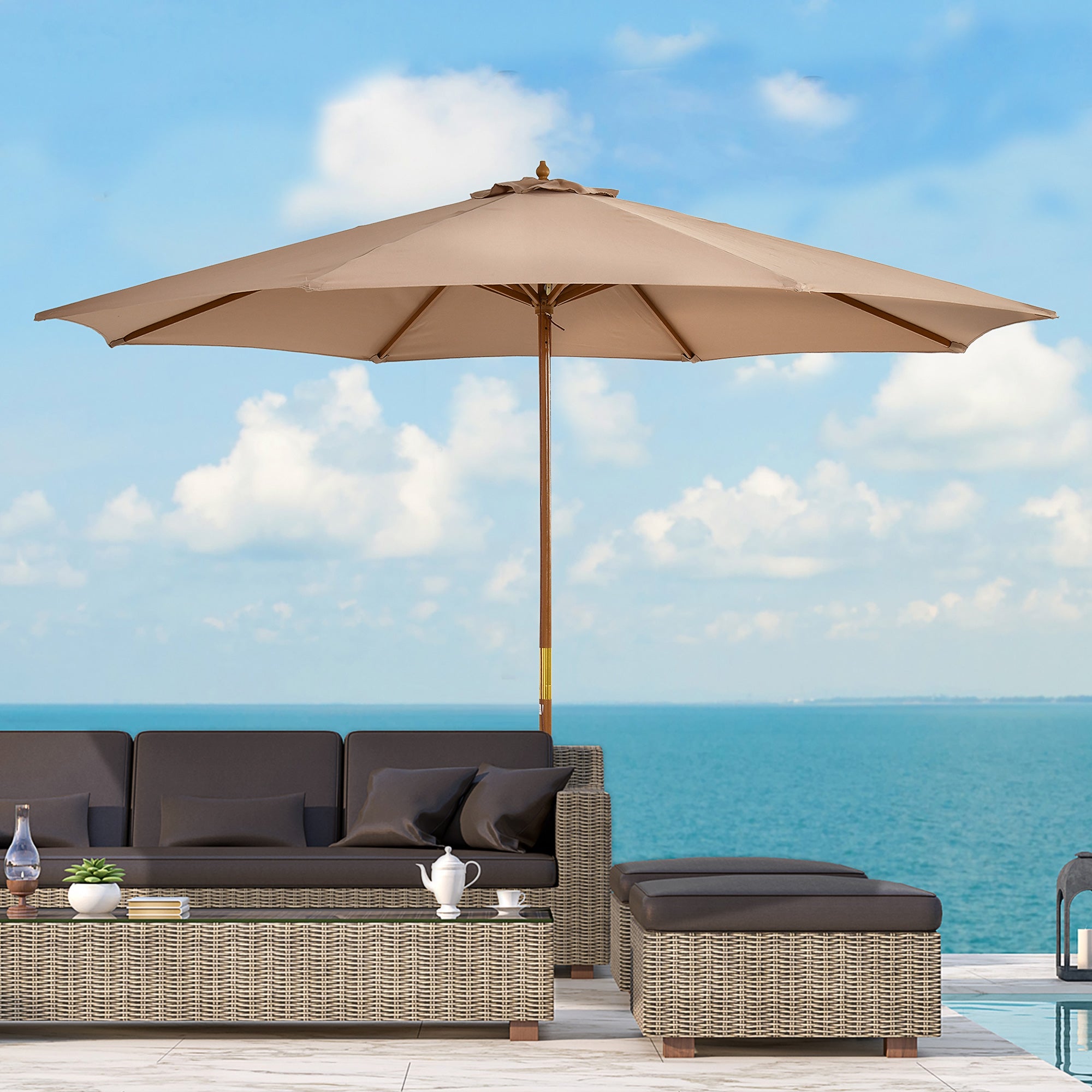 Outsunny 3(m) Garden Umbrella Wooden Parasol 8 Ribs Bamboo Sun Shade Patio Outdoor Umbrella Canopy Khaki - North Peak Garden Furniture