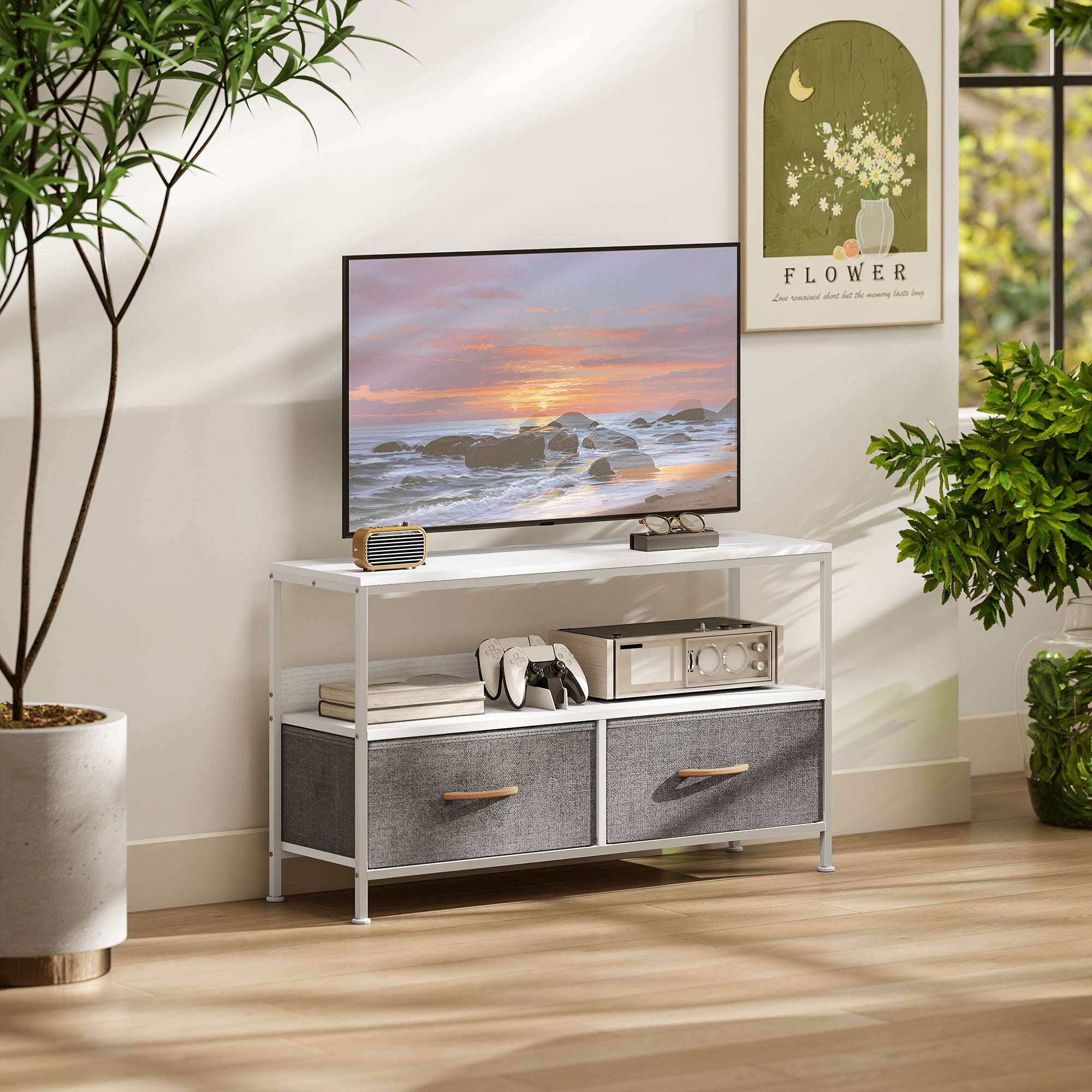 HOMCOM TV Stand Cabinet with 2 Foldable Drawers - White - North Peak Garden Furniture