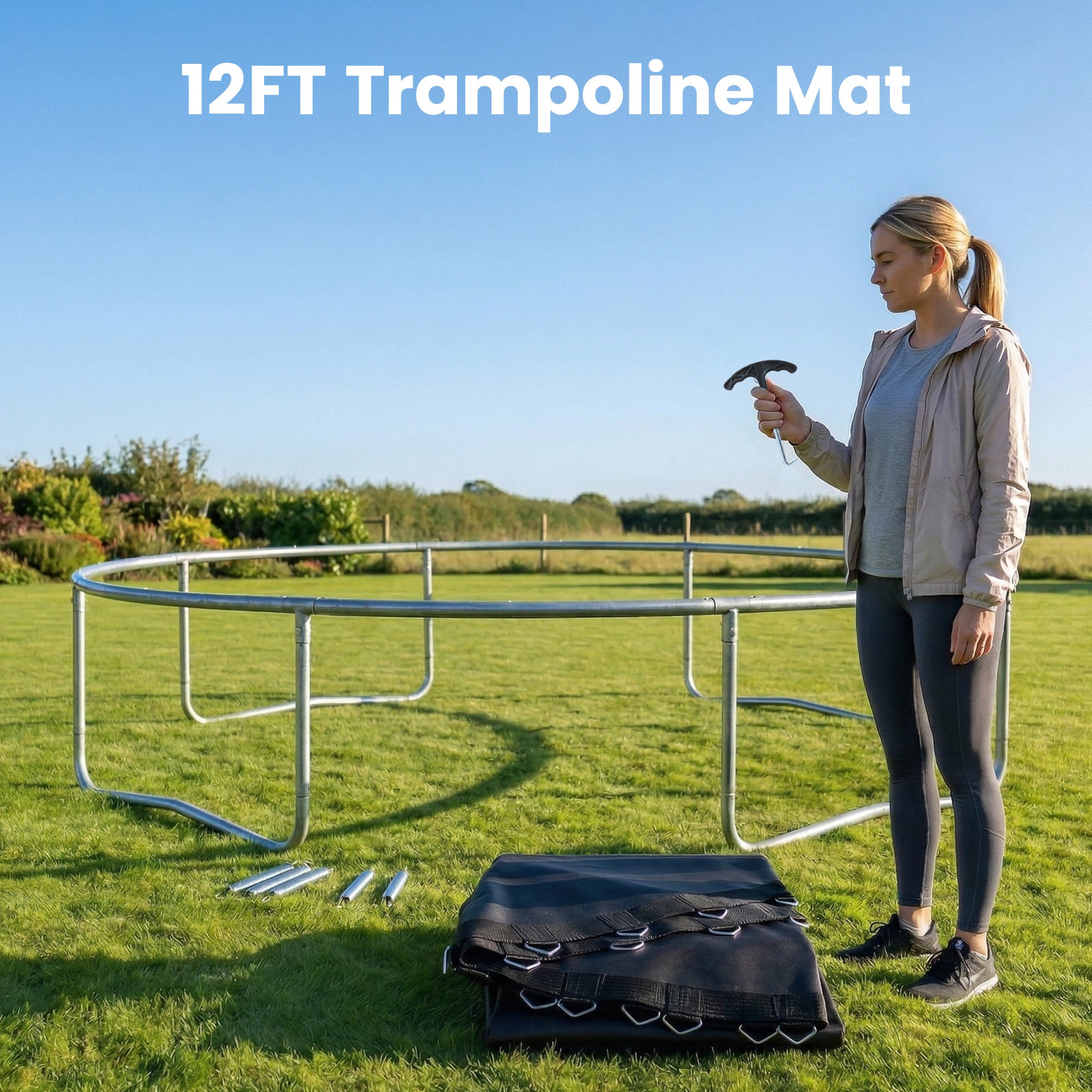 SPORTNOW Replacement Trampoline Mat with Spring Pull Tool, 72 V-Hooks, for 12ft Trampoline using 14cm Springs