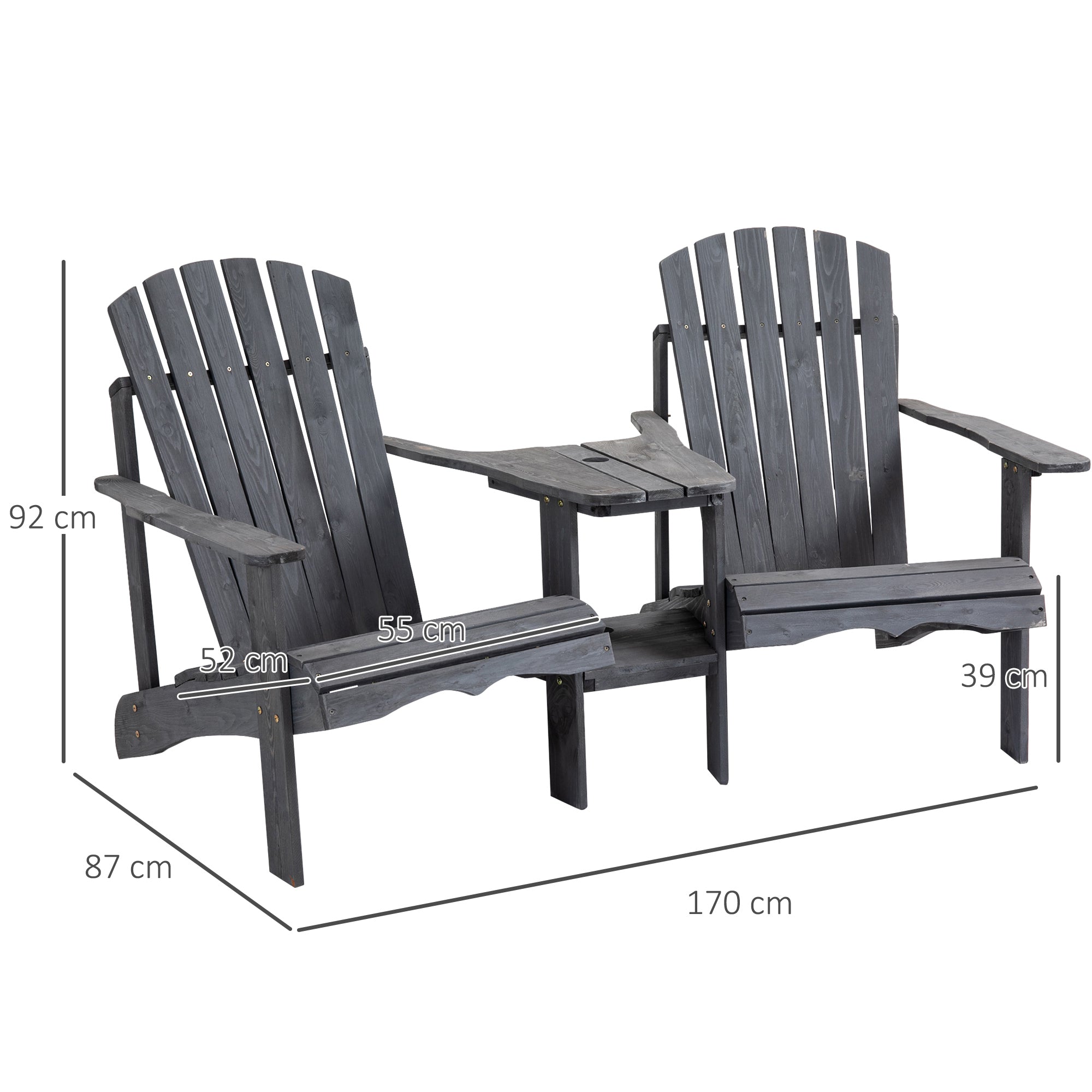 Outsunny Wooden Outdoor Double Adirondack Chairs Loveseat w/ Centre Table and Umbrella Hole, Garden Patio Furniture for Lounging and Relaxing, Dark Grey - North Peak Garden Furniture