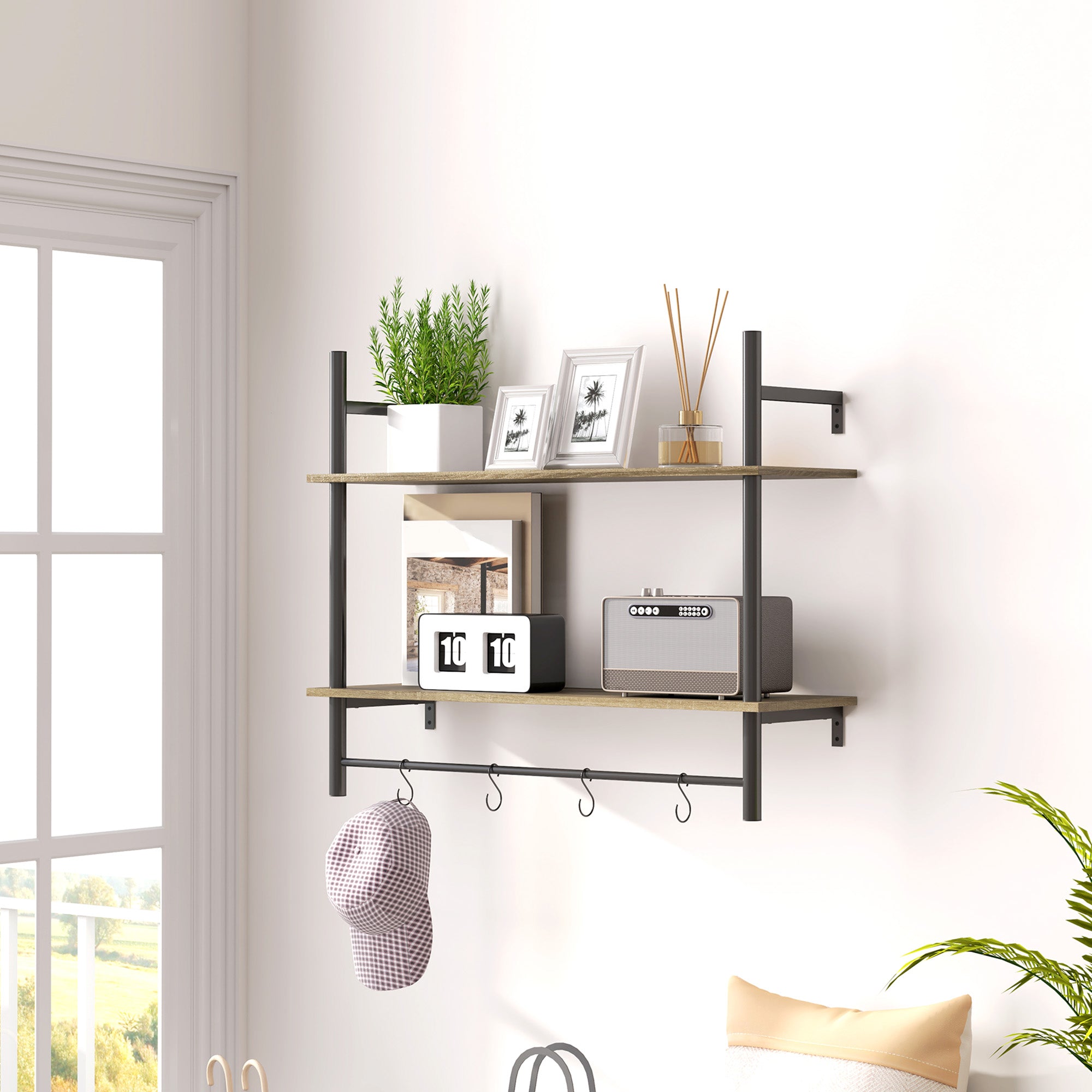 HOMCOM Wall Mounted Floating Shelves with 4 Hooks, Rustic Wall Shelf Unit for Living Room, Entryway, Grey - North Peak Garden Furniture