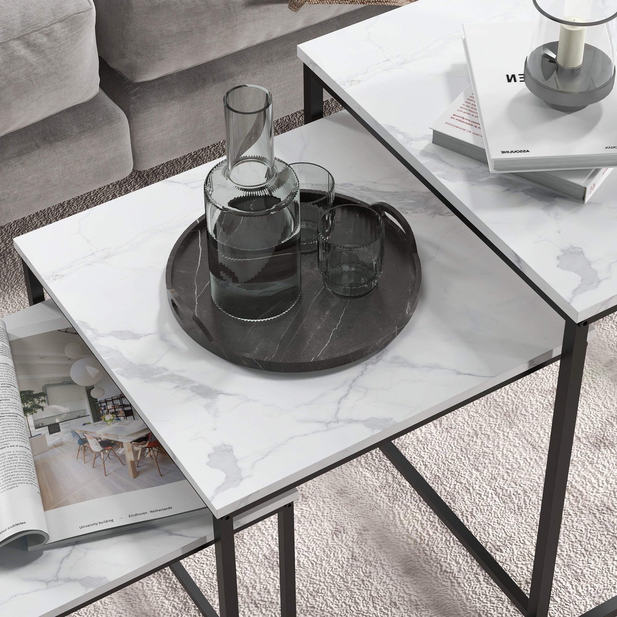HOMCOM Three Nest of Tables, Marble Effect Finish - North Peak Garden Furniture