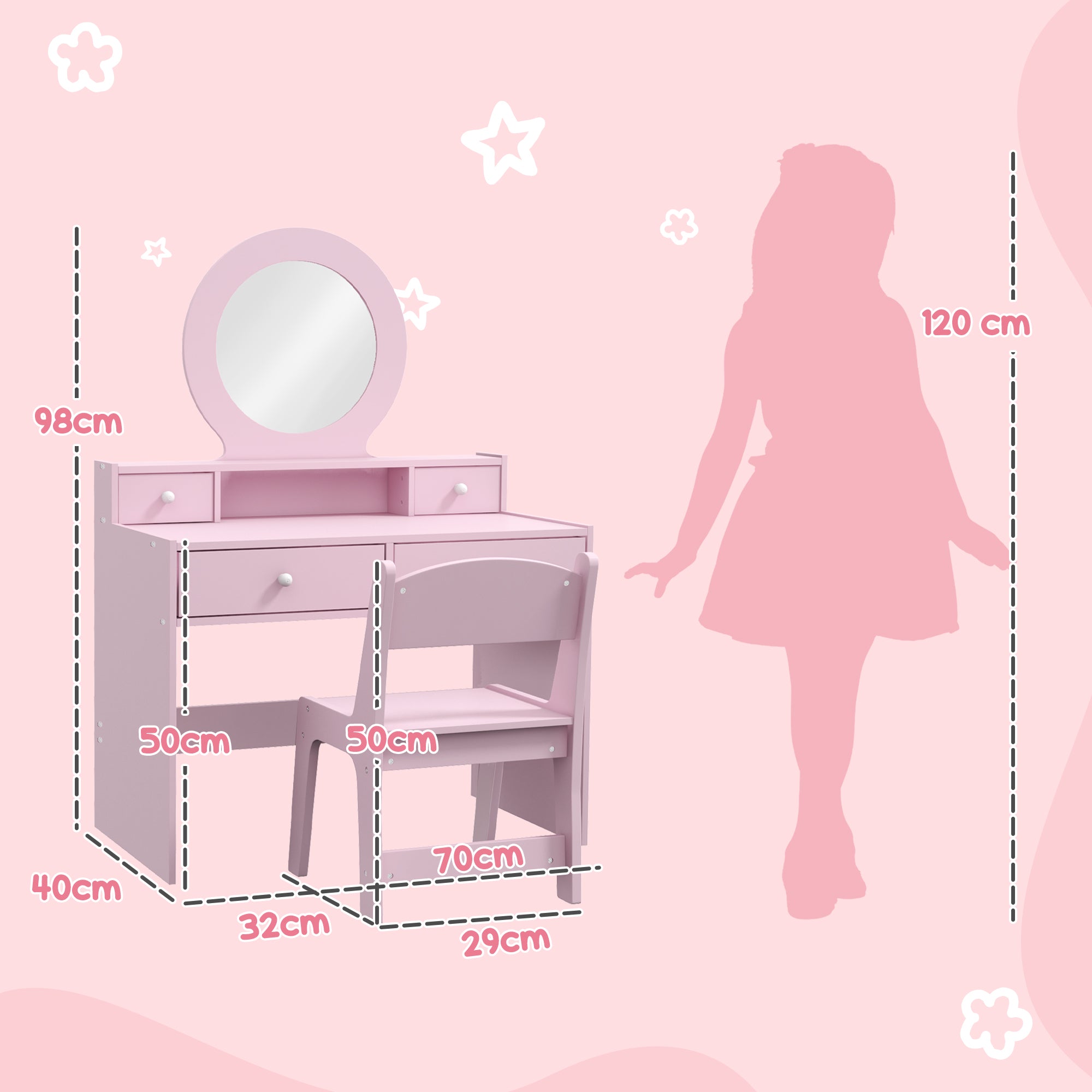 AIYAPLAY Kids Dressing Table Set Kids Make up Table with Stool and Mirror, Storage Drawers, Gift for Aged 3-8 - North Peak Garden Furniture
