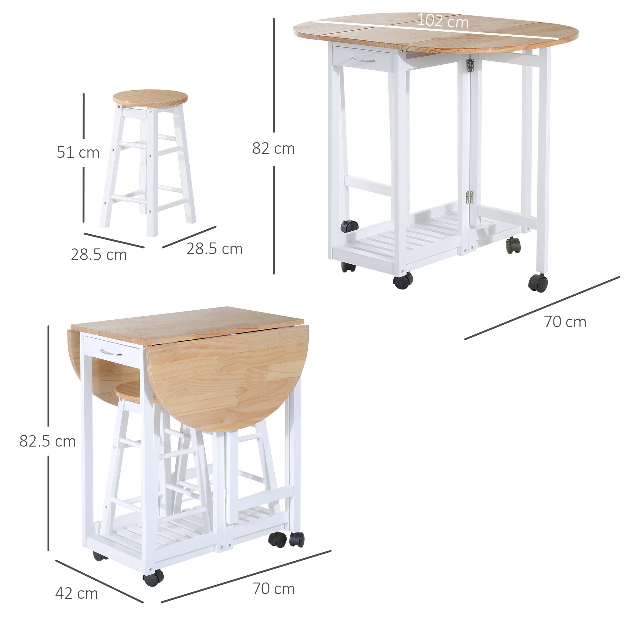 HOMCOM 3PC Wooden Kitchen Cart Mobile Rolling Trolley Folding Bar Table Two Stools Dining Chair Storage Shelf w/2 Drawers & 6 Wheels - North Peak Garden Furniture
