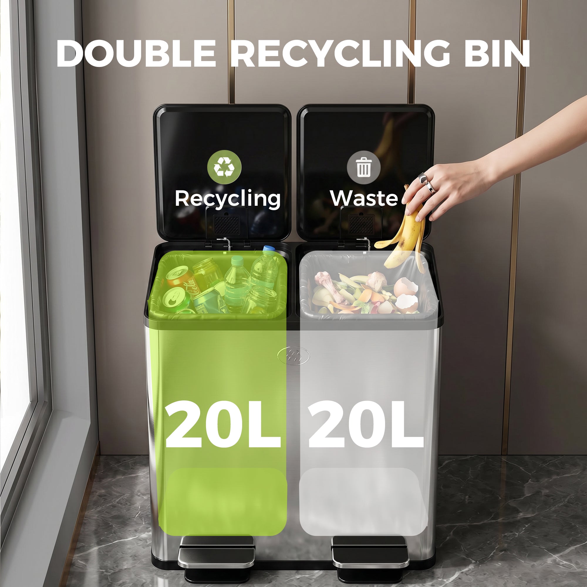 HOMCOM 40L Dual Compartment Stainless Steel Bin, with Deodoriser Holders - Silver Tone