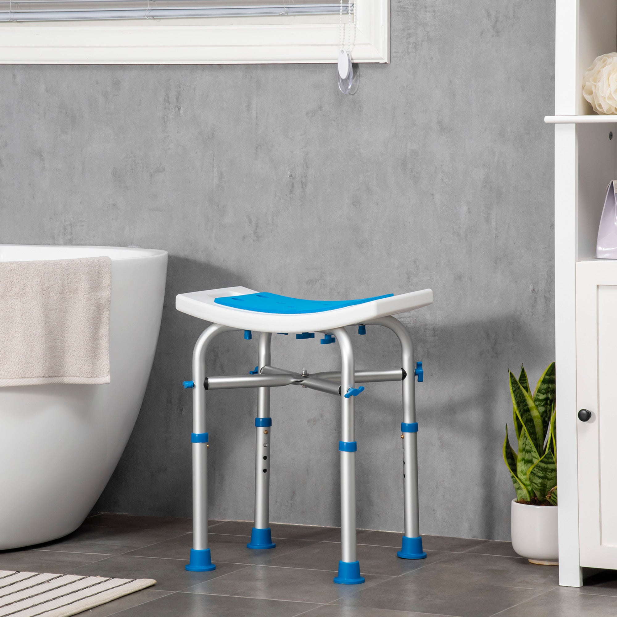 HOMCOM Shower Chair for the Elderly and Disabled, Adjustable Padded Shower Stool with Built-in Handle and Non-slip Suction Foot Pads, Blue - North Peak Garden Furniture