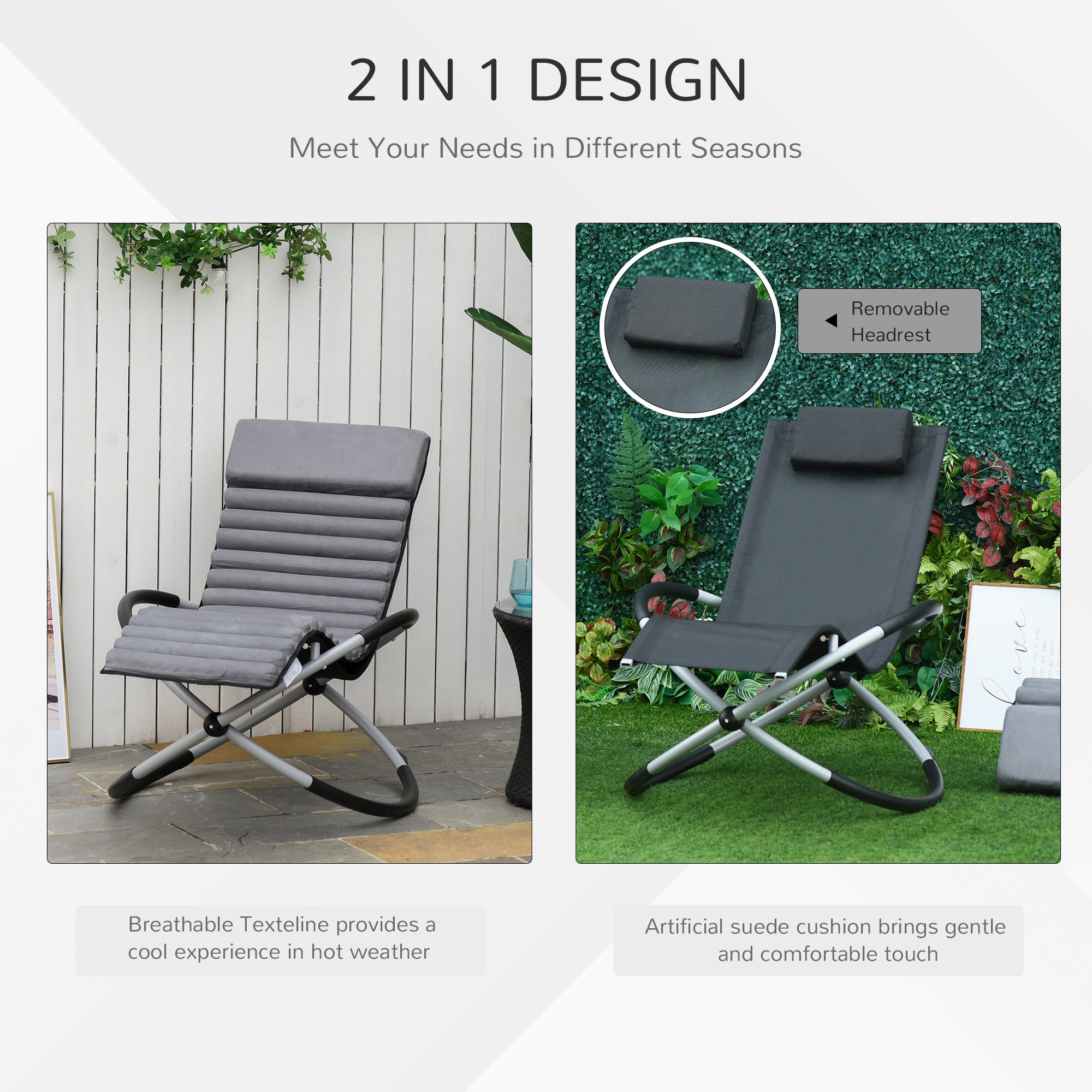 Outsunny Metal Orbital Rocking Chair Folding Lounger Anti-drop with Padded Mat Removable Design 145x74x86cm Black Grey