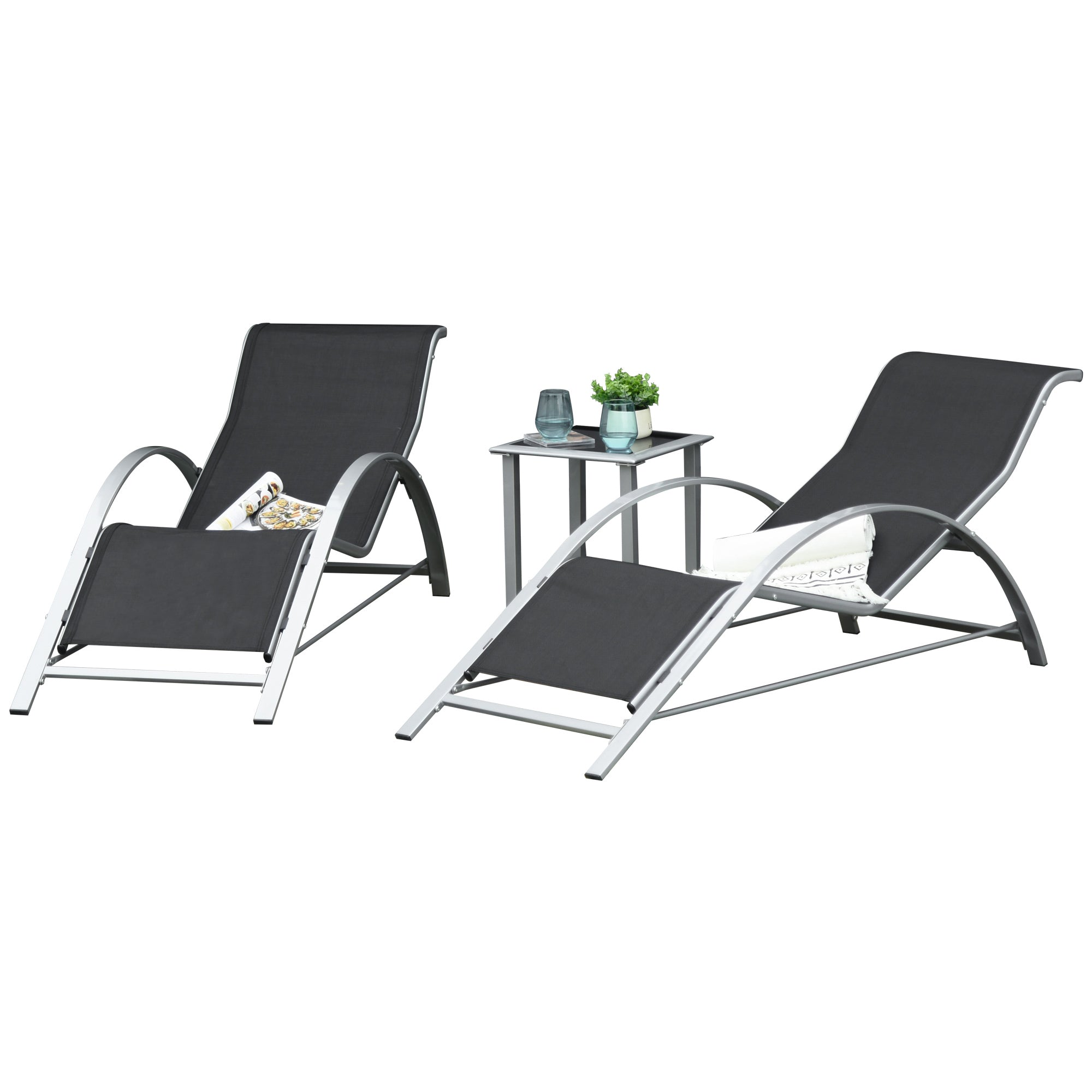 Outsunny 3 Pieces Sun Lounger Chair Set, Metal Frame Garden Outdoor Sunbathing Chair with Side Table and Armrest, Black - North Peak Garden Furniture