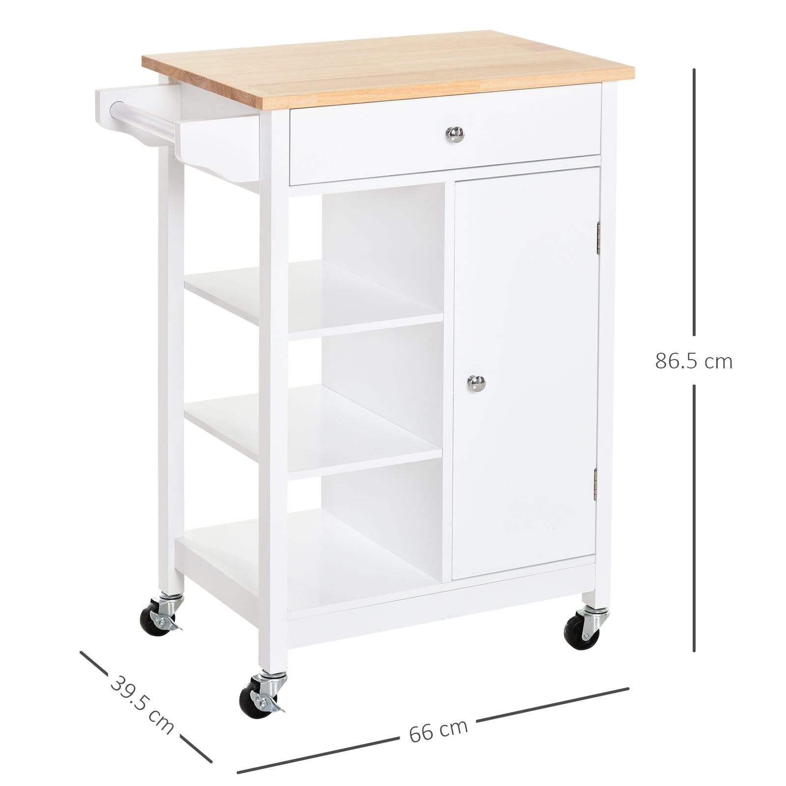 HOMCOM Kitchen Trolley, Kitchen Island on Wheels, w/ Wood Top, 3 Shelves and Storage Cupboard, White - North Peak Garden Furniture