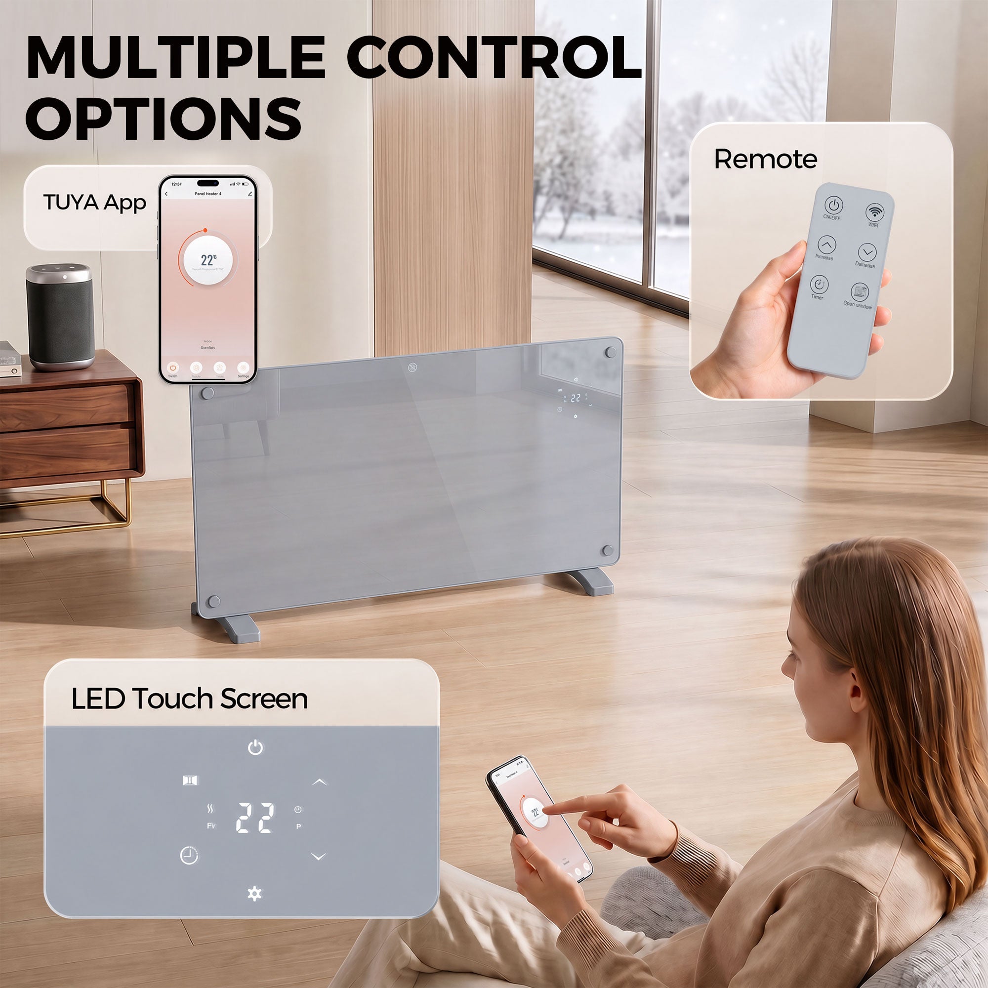 HOMCOM 1500W Smart Panel Heater Wall Mounted & Freestanding, Electric Heater with Weekly Timer, Open Window & Anti-Frost, Grey