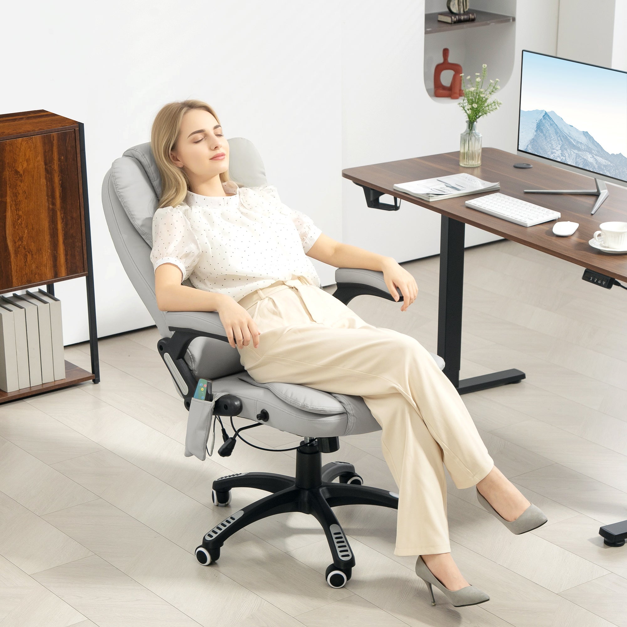 HOMCOM Executive Office Chair with Massage and Heat, High Back PU Leather Massage Office Chair with Adjustable Height, Light Grey - North Peak Garden Furniture