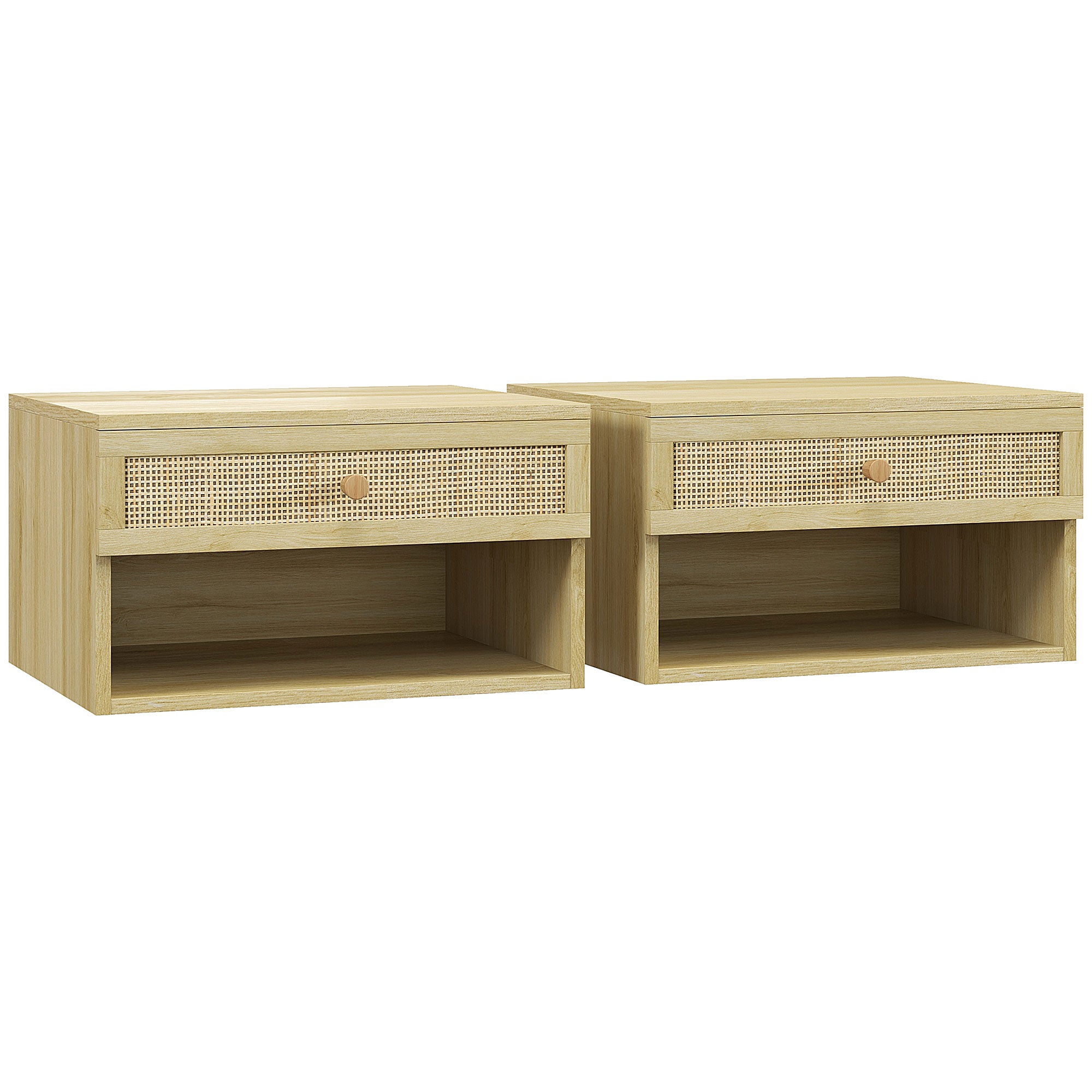 HOMCOM Set of Two Rattan Panel Floating Bedside Tables - Wood-Effect - North Peak Garden Furniture