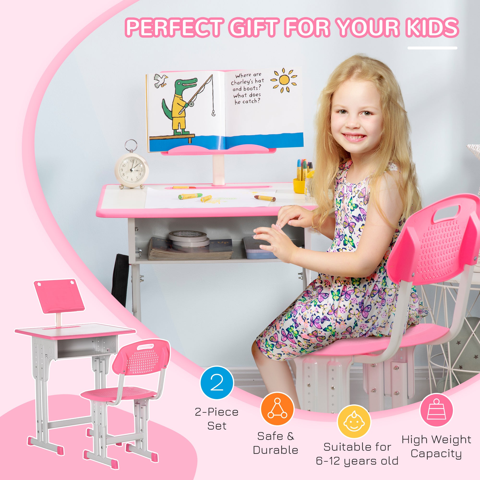 HOMCOM Kids Adjustable Desk and Chair Set, Book Stand, Pen Slot - Pink - North Peak Garden Furniture