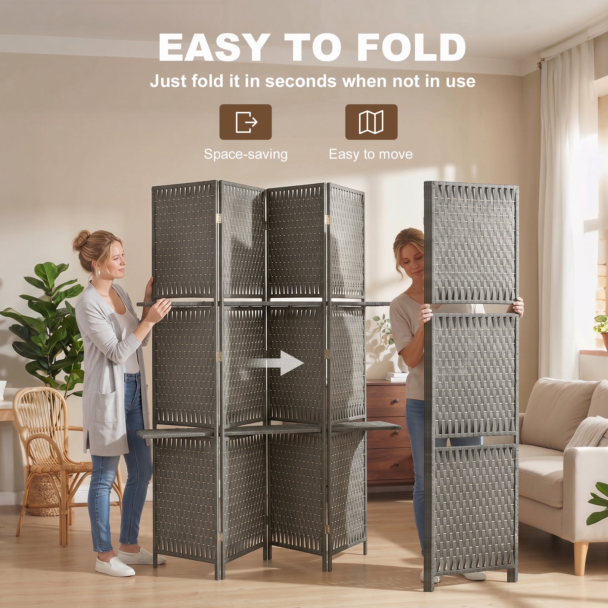 HOMCOM Wave Fibre Freestanding Folding Privacy Screen Panels, Room Divider, Grey