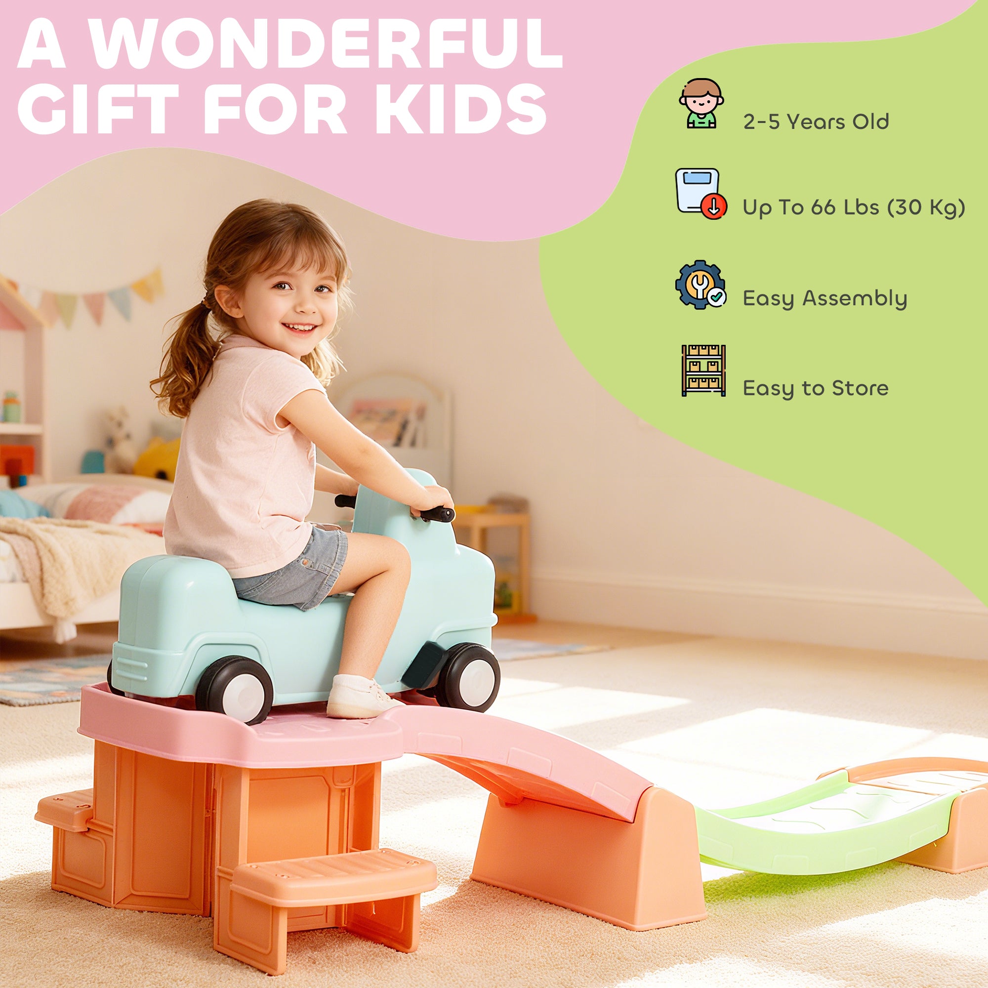 AIYAPLAY 3(m) Four-Piece Ride on Kids Roller Coaster w/ Non-Slip Steps, for Ages 2-5 Years - Orange