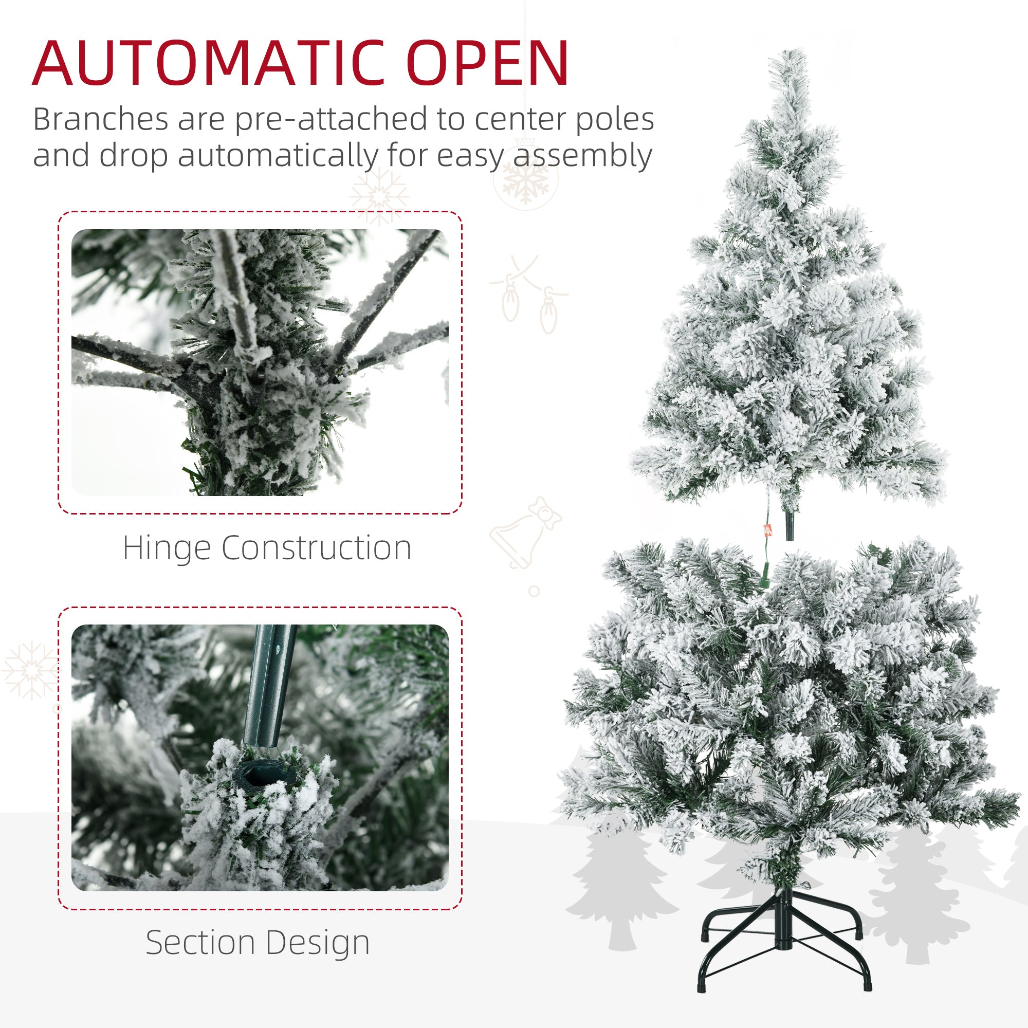 HOMCOM 4.5' Artificial Snow Christmas Trees with Frosted Branches, Warm White or Colourful LED Lights, Steel Base - North Peak Garden Furniture