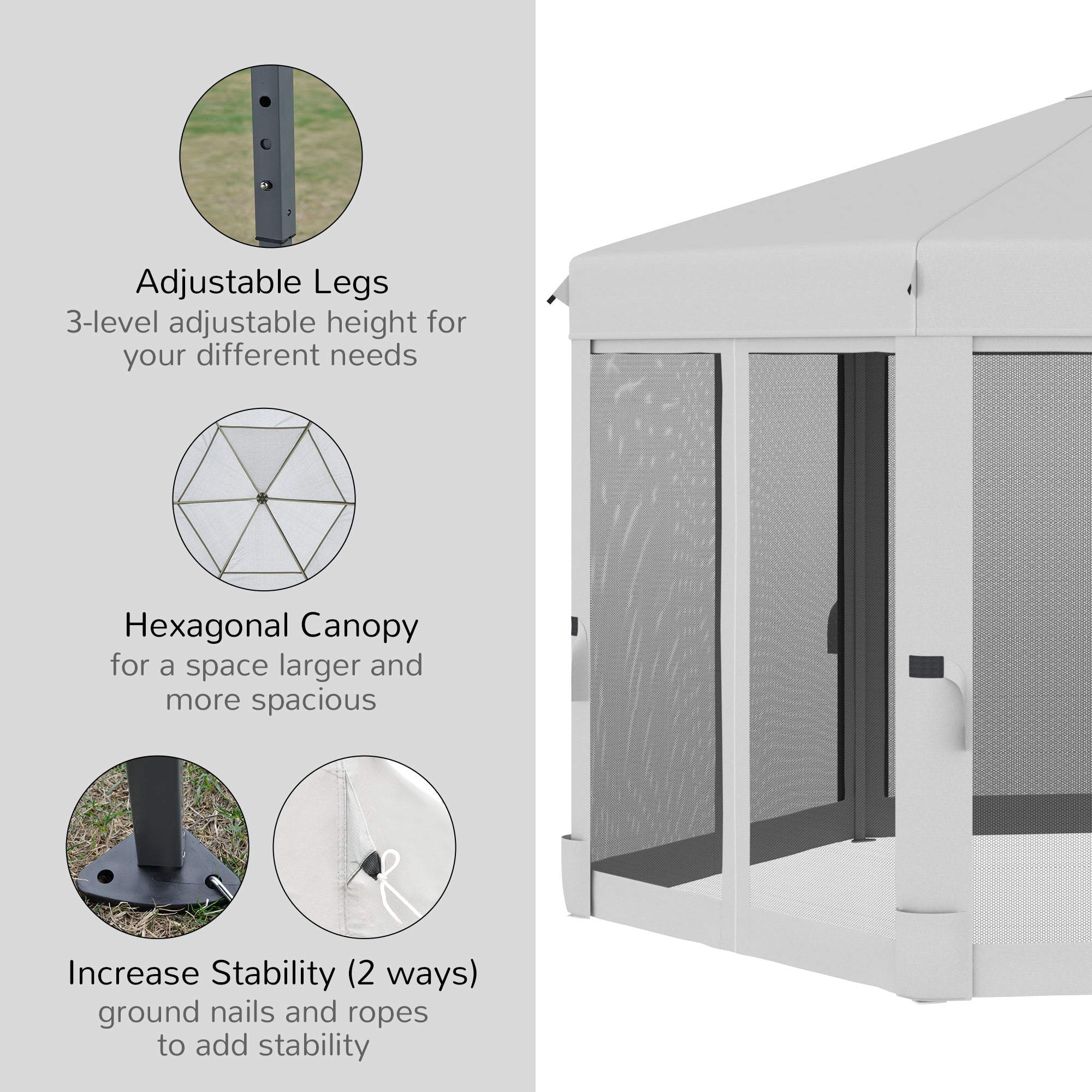 Outsunny 3.2m Pop Up Gazebo Hexagonal Canopy Tent Outdoor Sun Protection with Mesh Sidewalls, Handy Bag, Light Grey - North Peak Garden Furniture