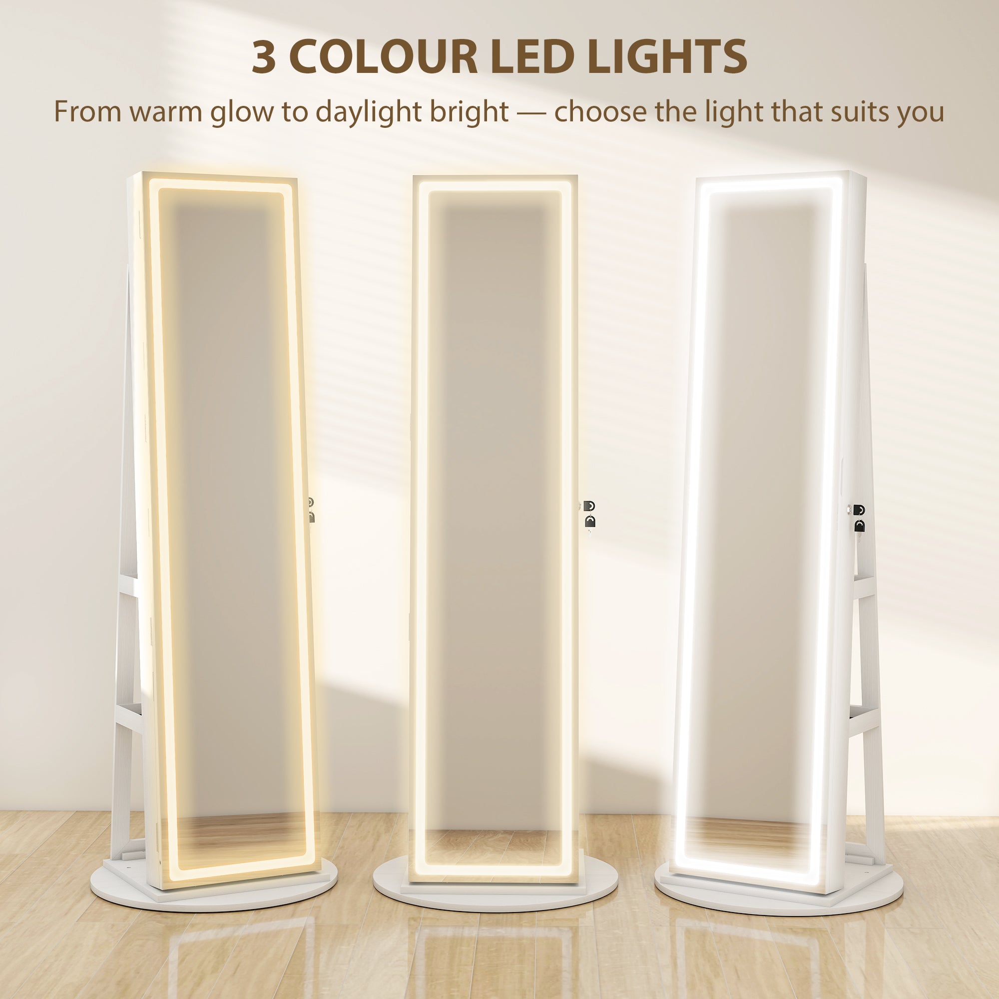 HOMCOM 360° Swivel Mirror Jewellery Cabinet with 3 Colour LED Lights, Lockable Jewellery Organiser, Free Standing Full Length Mirror with Storage for Earrings, Necklaces, Rings and Lipsticks, White