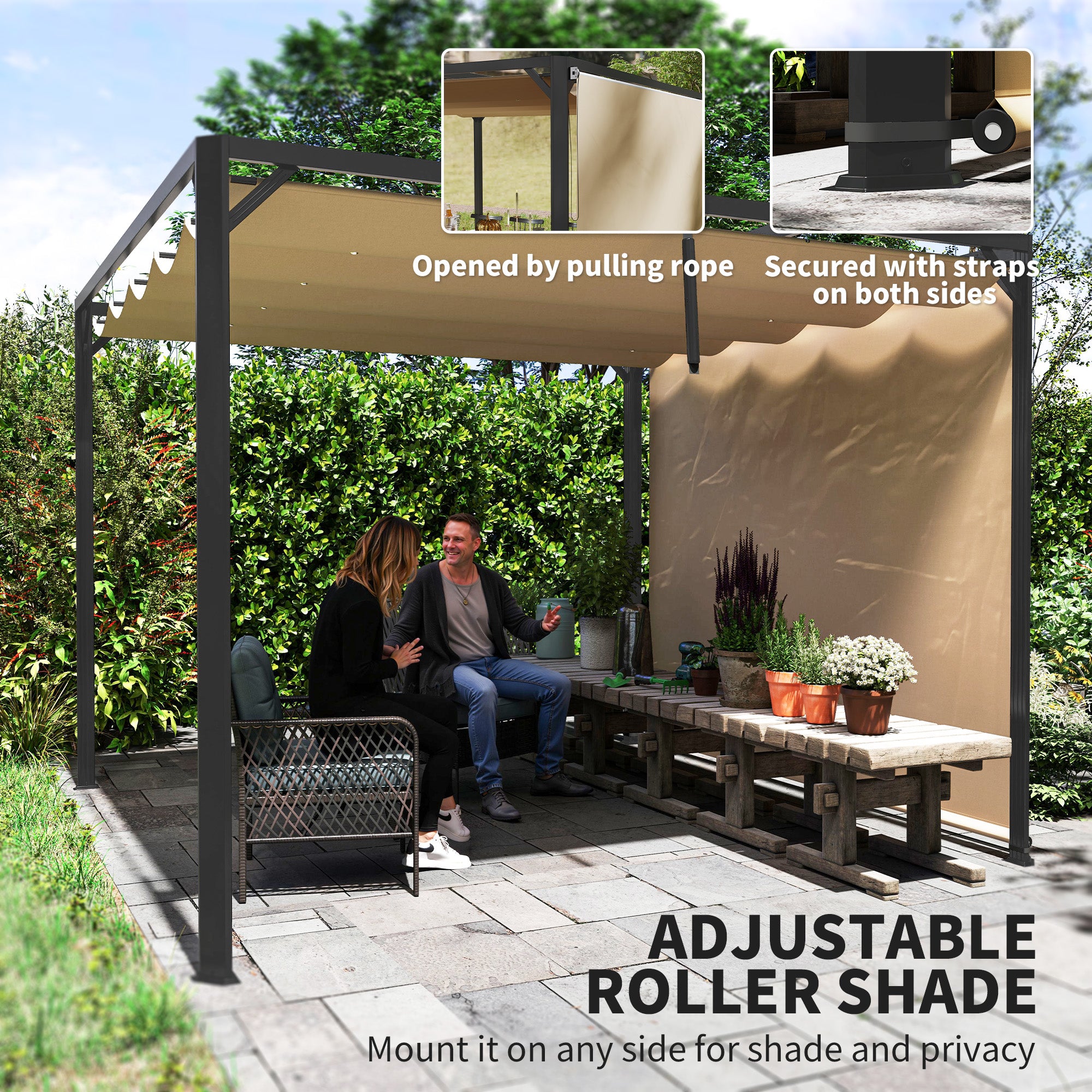 Outsunny 3 x 3m Aluminium Pergola, with Retractable Roof and Wall - Khaki - North Peak Garden Furniture