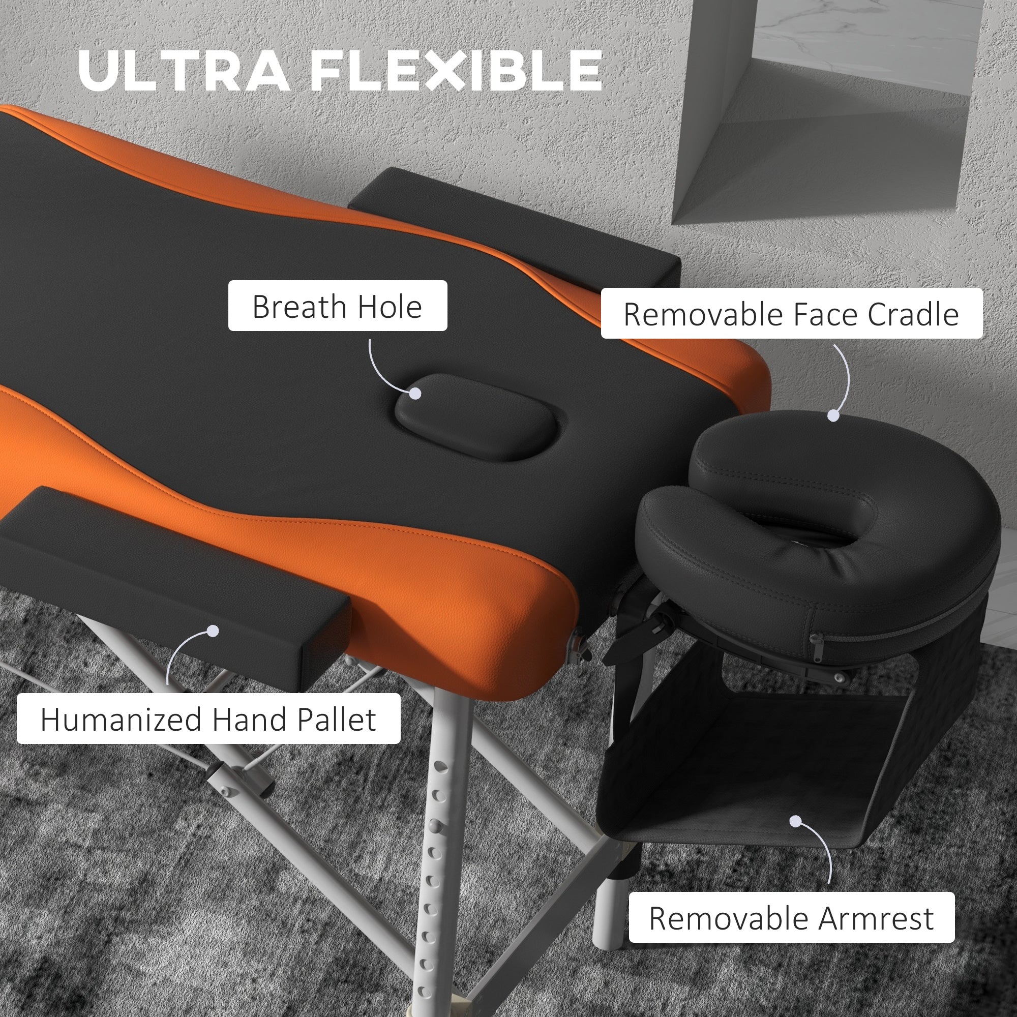 HOMCOM Foldable Massage Bed Portable Table, 3-Section Aluminium Foldable Beauty Couch, Professional Salon Spa Table with Headrest Support, 60 cm Width, Black and Orange
