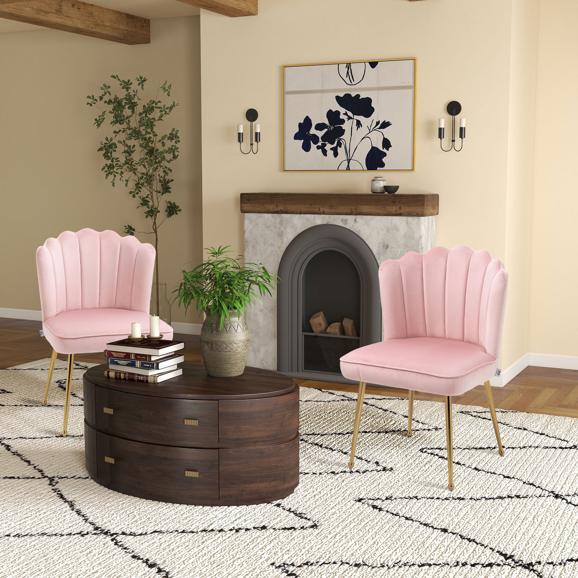 HOMCOM Shell Dining Chairs Set of 2, Upholstered Kitchen Chairs with Gold Metal Legs and Backrest, Velvet Fabric Lounge Leisure Chairs for Living Room, Reception Room, Pink - North Peak Garden Furniture
