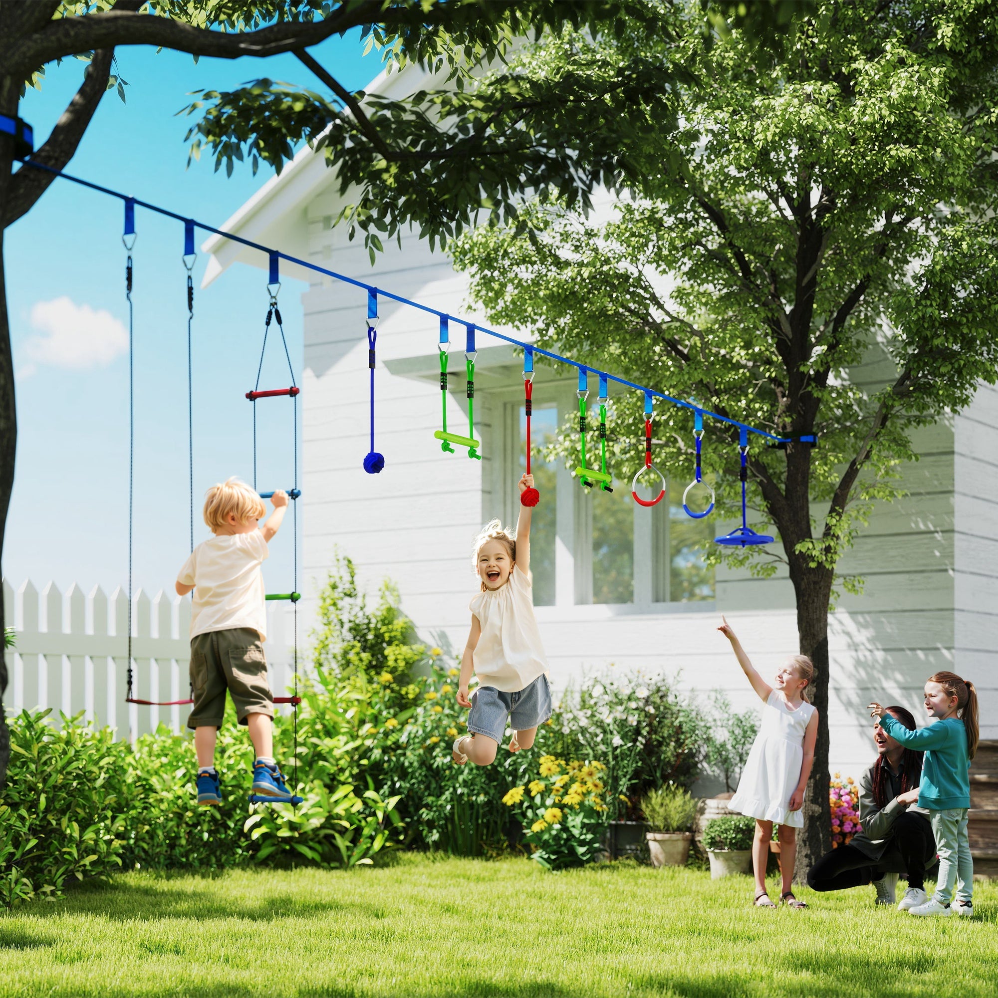 AIYAPLAY 10 Piece Zip Line Kit for Kids with 10m Slackline, Monkey Bars, Swing, Climbing Ladder, Hanging Tray, Metal Rings - North Peak Garden Furniture