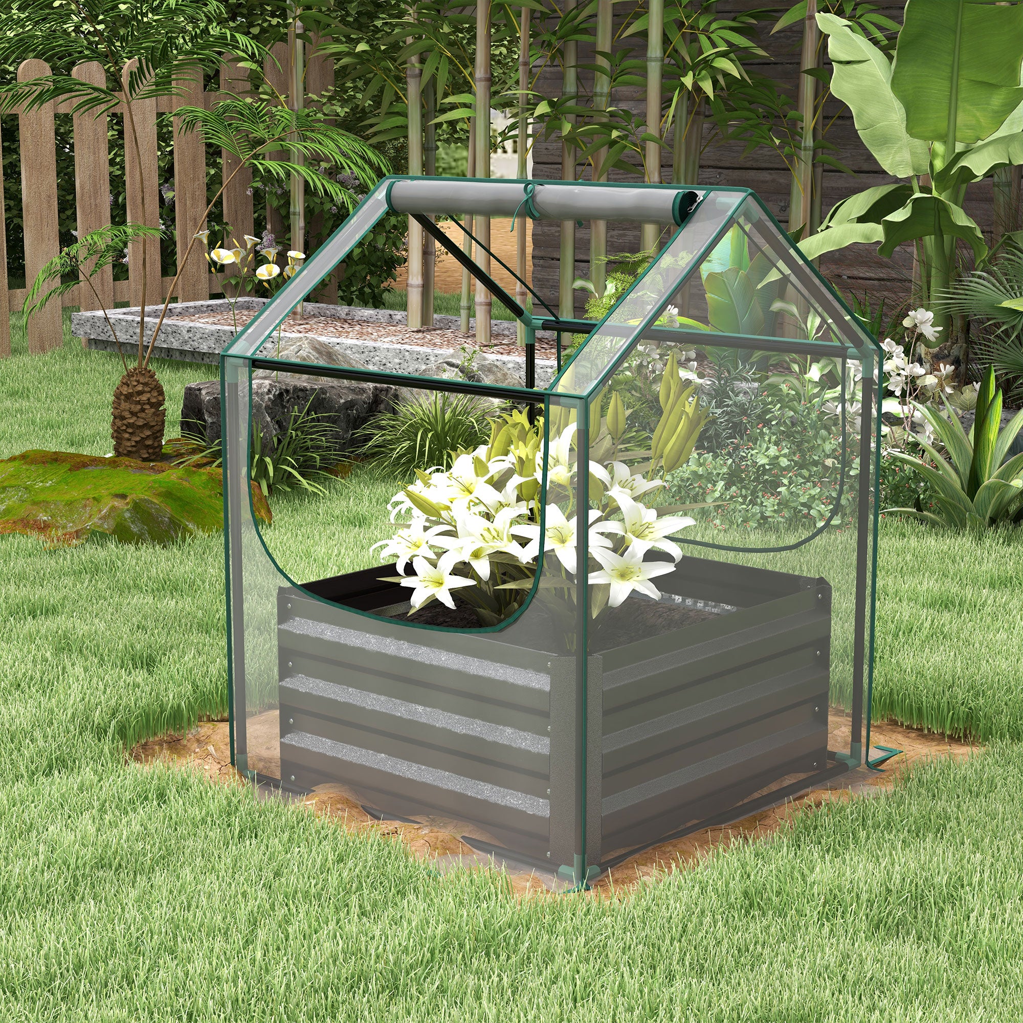 Outsunny Raised Planter Box with Greenhouse Cover, Metal Garden Bed for Vegetables and Herbs, Clear/Dark Grey | Aosom UK