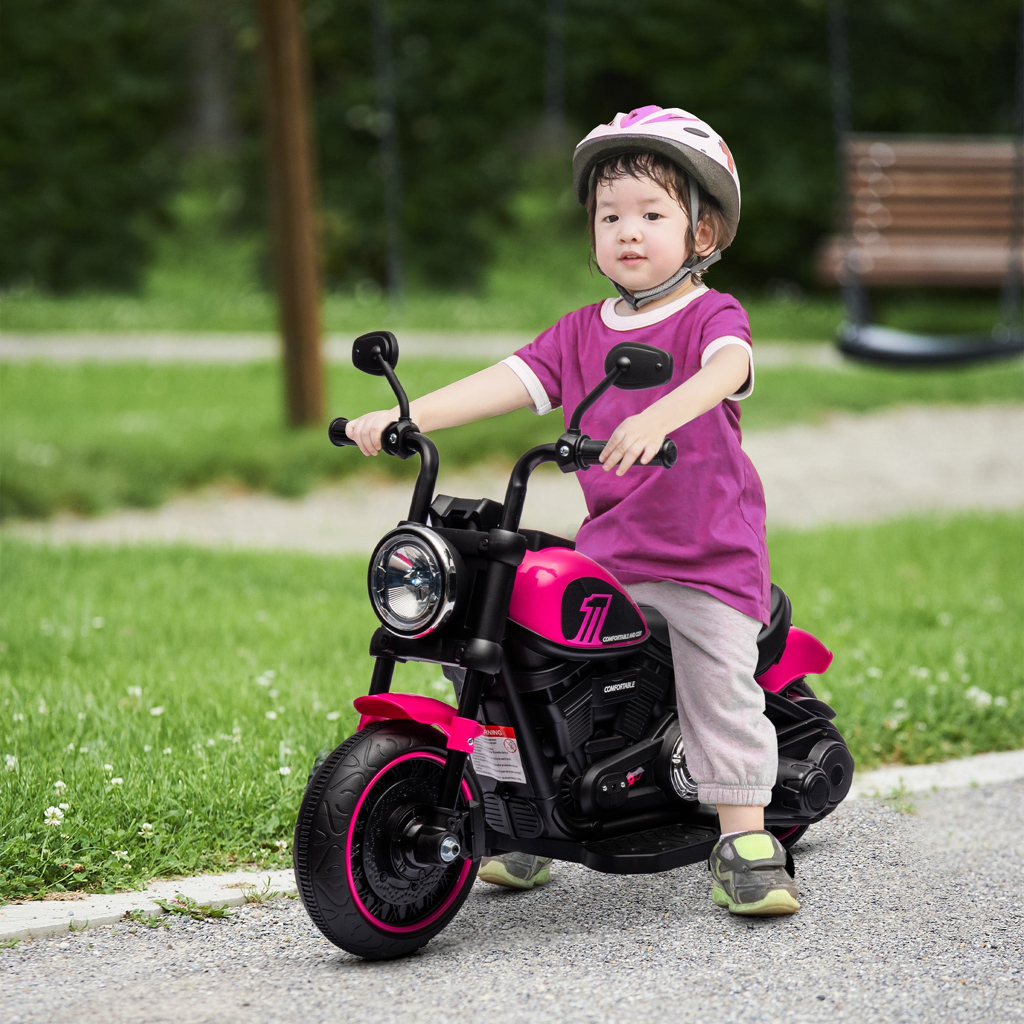HOMCOM 6v Electric Motorbike with Training Wheels, One-Button Start - Pink - North Peak Garden Furniture