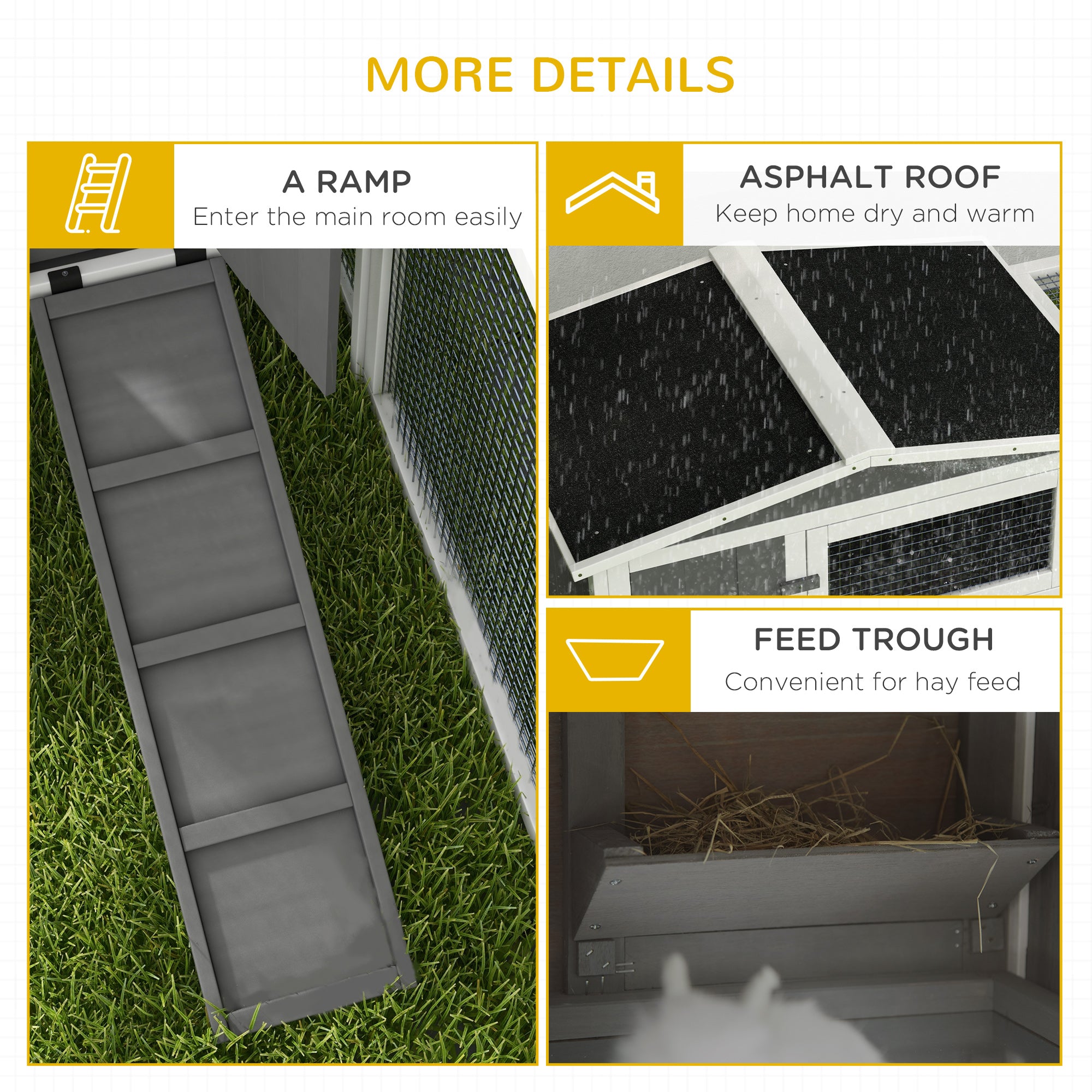PawHut Rabbit Hutch with Run Wooden Guinea Pig Hutch Outdoor Bunny Cage Hide House with Sliding Tray, Hay Rack, Ramp, 156 x 58 x 68cm, Grey - North Peak Garden Furniture