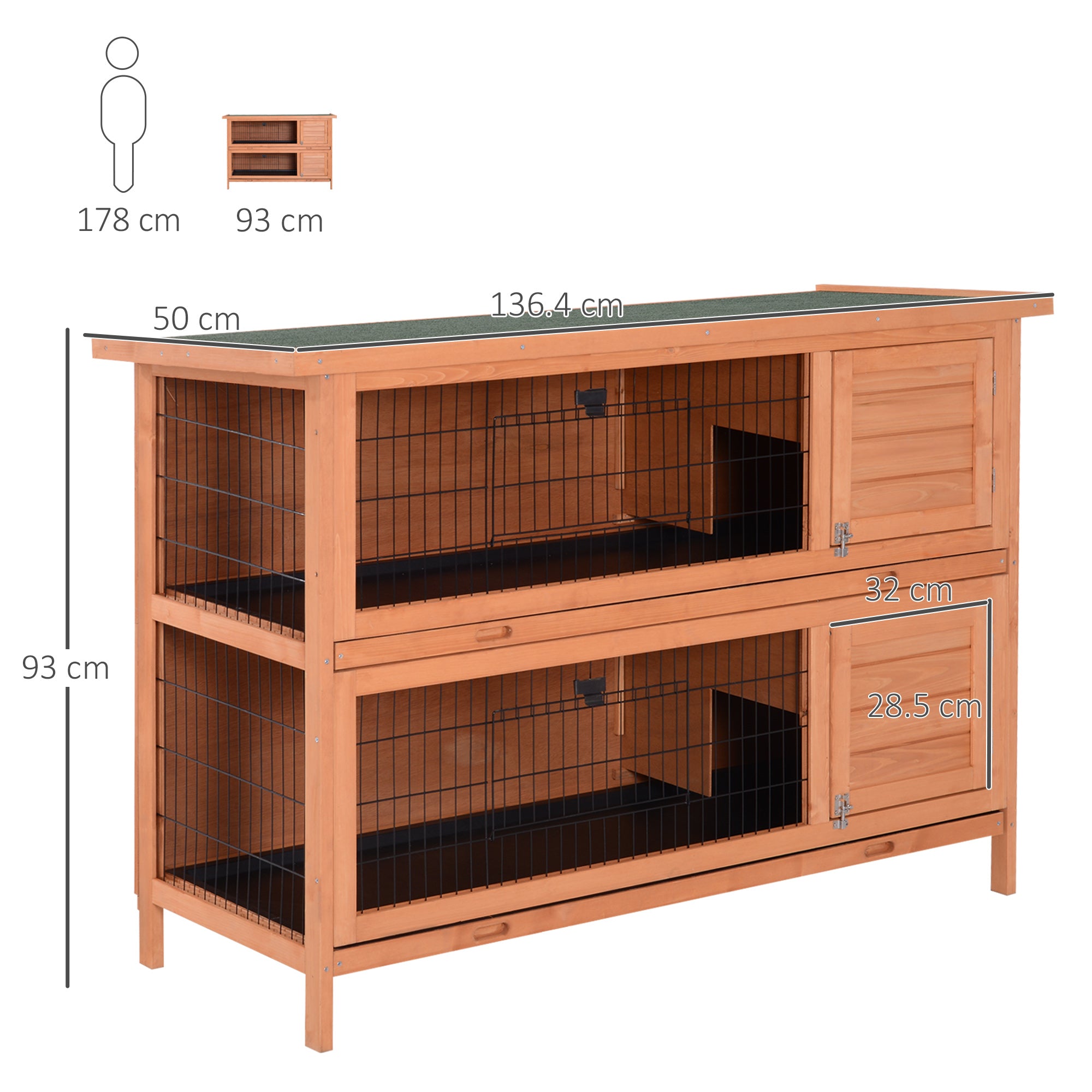 PawHut Rabbit Hutch Outdoor Guinea Pig Hutch Bunny Cage with No-Leak Trays, Divider, 136 x 50 x 93cm, Orange - North Peak Garden Furniture