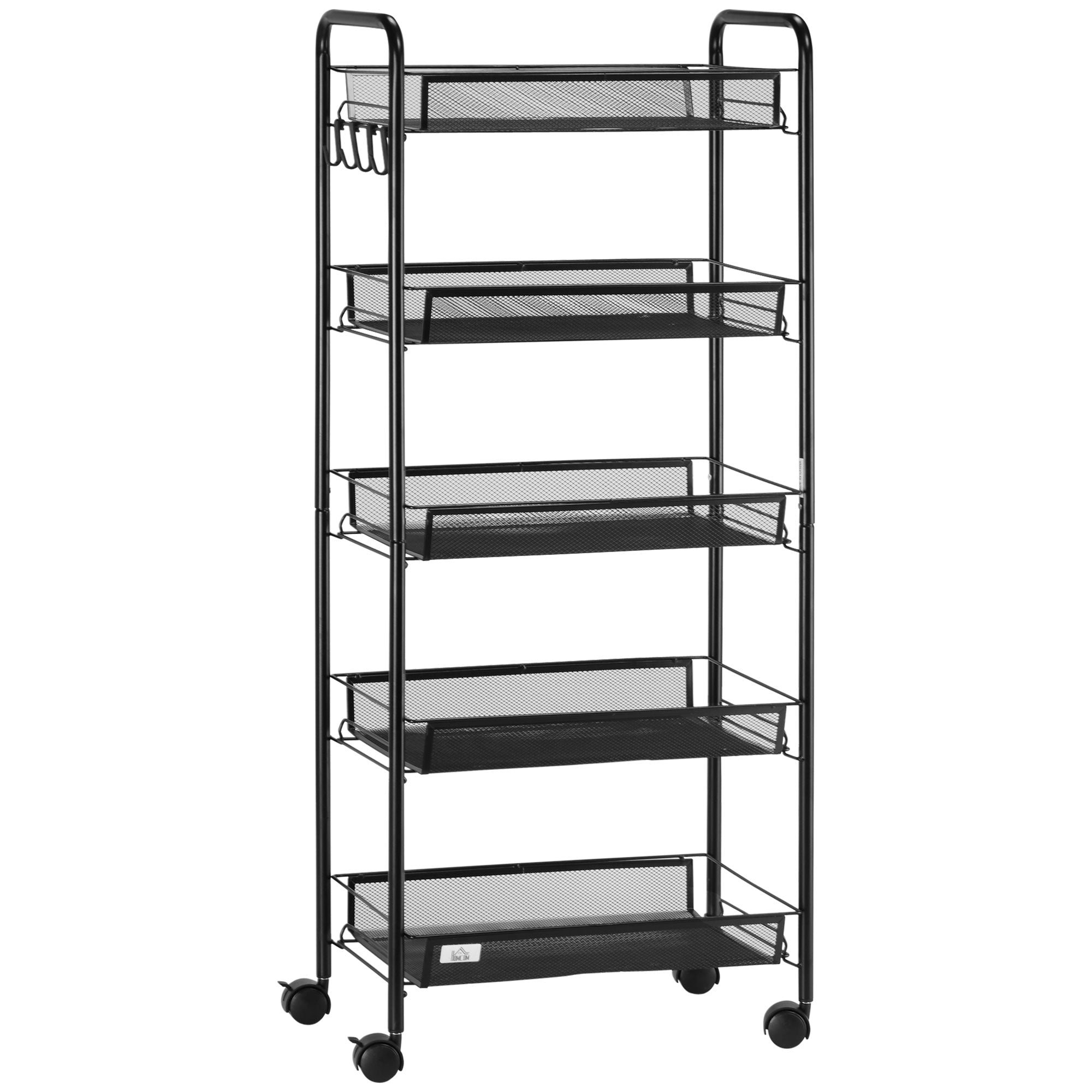 HOMCOM Five-Steel Mesh Basket Storage Trolley, with Wheels - Black - North Peak Garden Furniture
