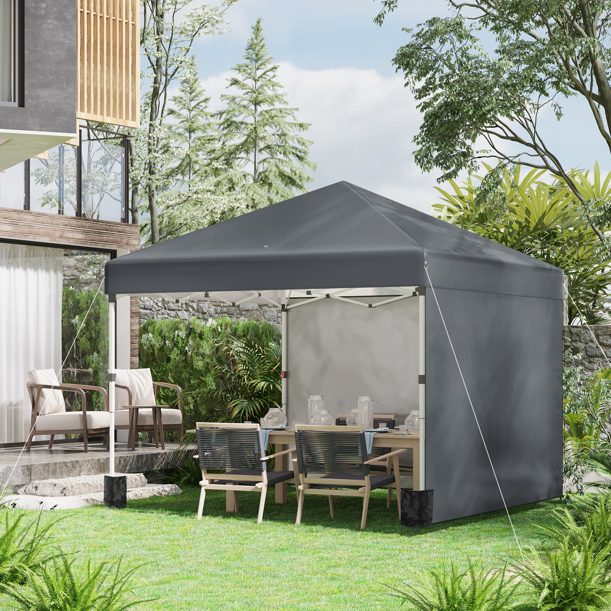 Outsunny 3 x 3 (M) Pop Up Gazebo, UPF 30+ with 2 Sidewalls, Leg Weight Bags and Wheeled Bag, Height Adjustable Party Tent Event Shelter for Garden, Patio, Dark Grey - North Peak Garden Furniture