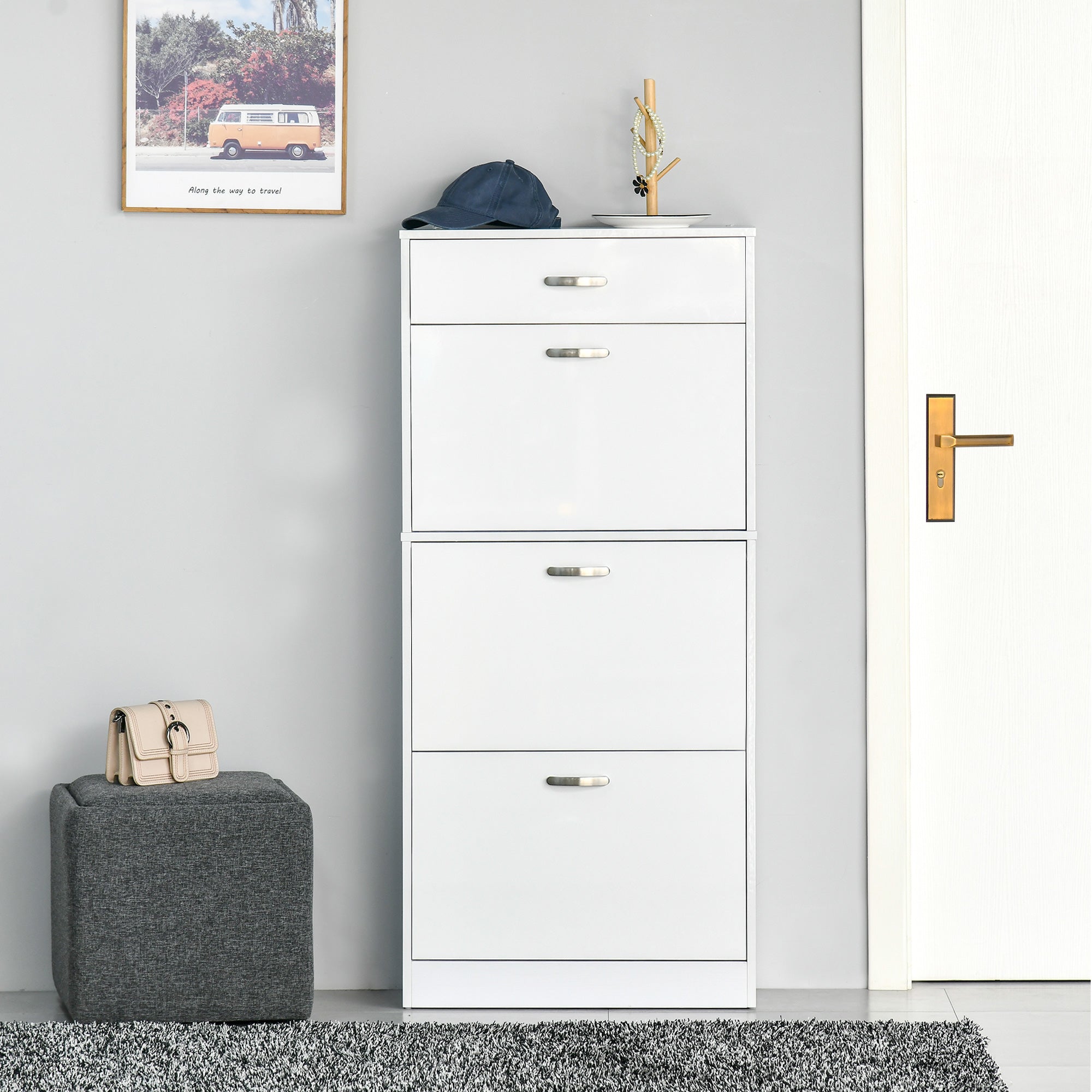 HOMCOM Shoe Cabinet with 3 Flip Drawers, High Gloss Shoe Storage Cabinet with Top Drawer and Adjustable Shelves, Shoe Cupboard for 18 Pairs, White - North Peak Garden Furniture
