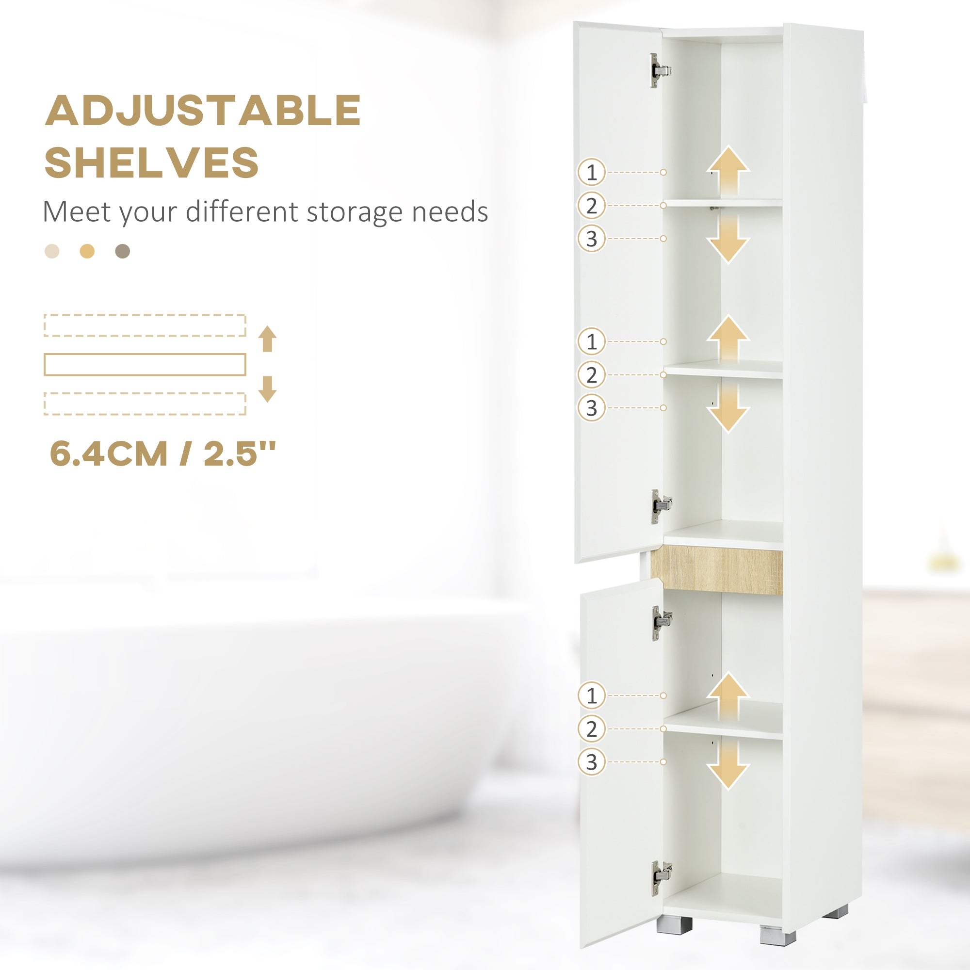 kleankin Tall Bathroom Cabinet with Adjustable Shelves, 5-Tier Modern Freestanding Tallboy with Storage Cabinets, White