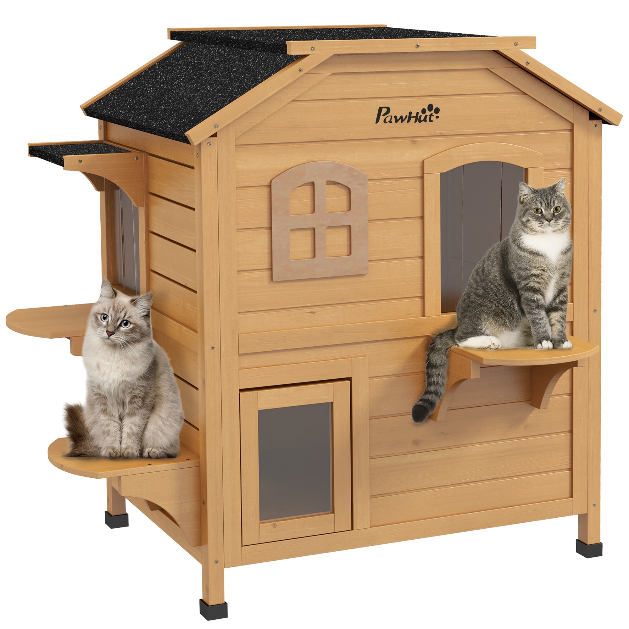 PawHut 2-story Cat House Outdoor, Weatherproof Wooden Cat Enclosure for Feral Cats with Escape Door, Openable Roof, Jumping Platforms, Natural Wood Finish