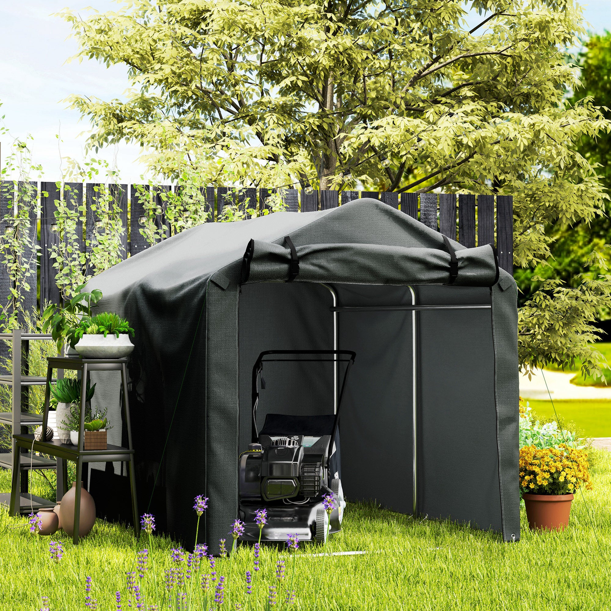 Outsunny 2.2 x 1.6 m Garden Storage Tent, Waterproof Anti-UV Bike Tent with Roll-up Zipper Door, Galvanised Outdoor Storage Shelter Carport for Bike, Motorbike, Garden Tools, Dark Grey - North Peak Garden Furniture