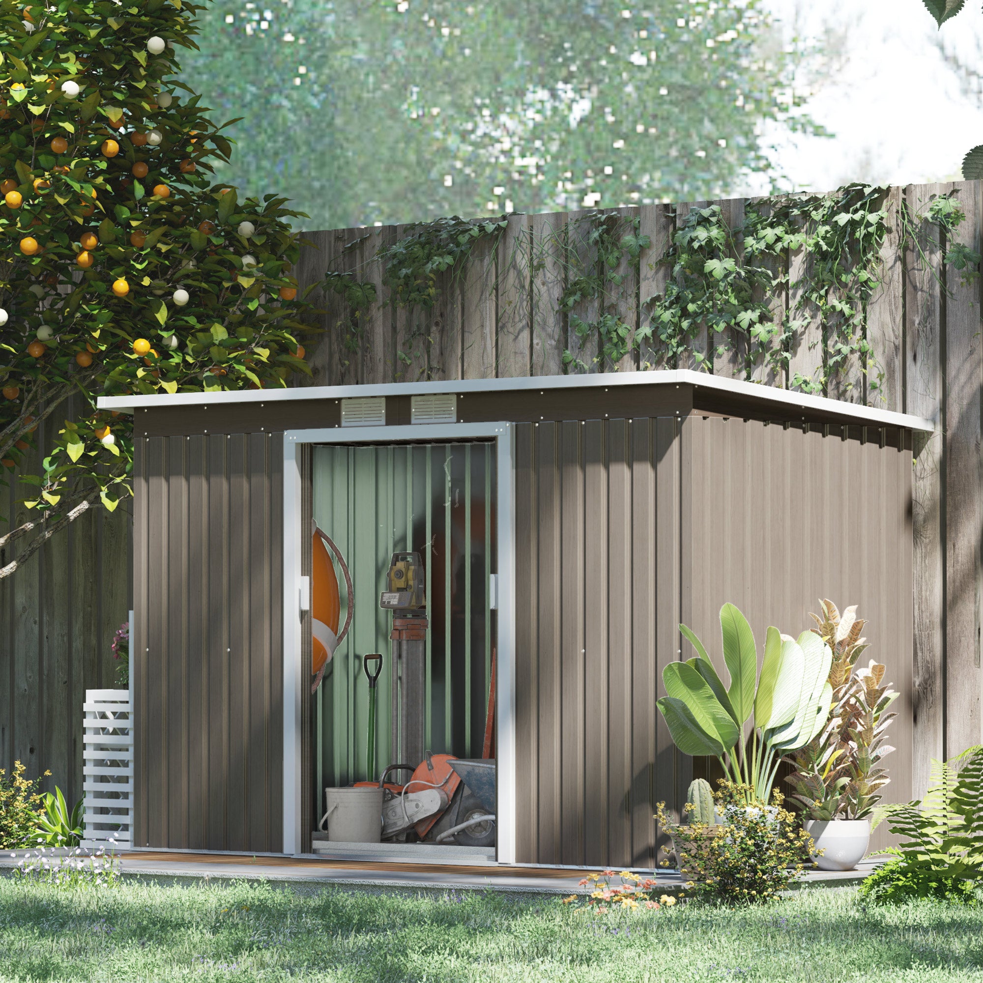 Outsunny 9ft x 4ft Metal Garden Shed, Outdoor Tool House with Foundation Kit, Ventilations and Double Doors, Light Grey Wood Grain - North Peak Garden Furniture
