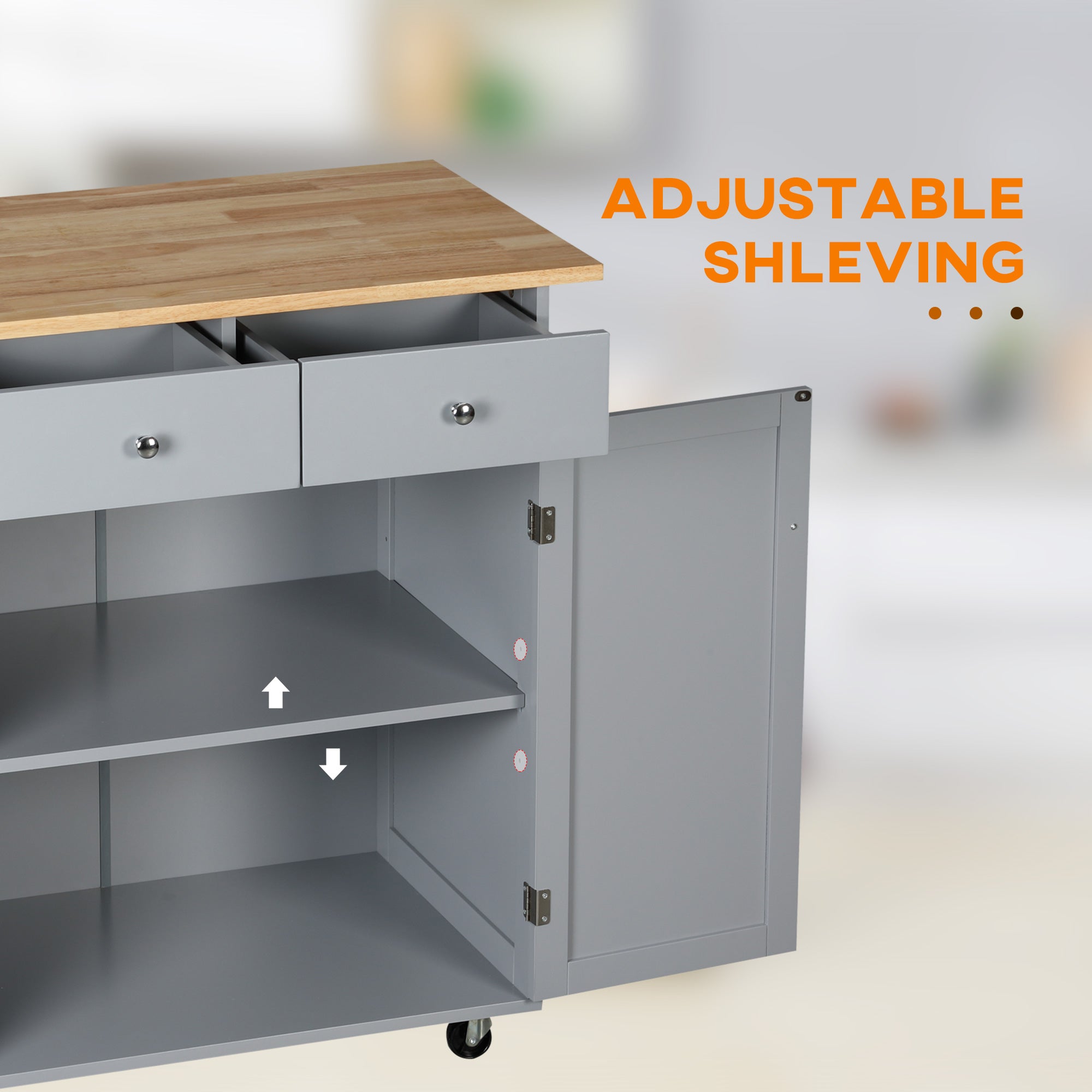 HOMCOM Rolling Kitchen Island on Wheels, Utility Serving Cart with Rubber Wood Top, Towel Rack, Hooks and Storage Drawers, Grey - North Peak Garden Furniture