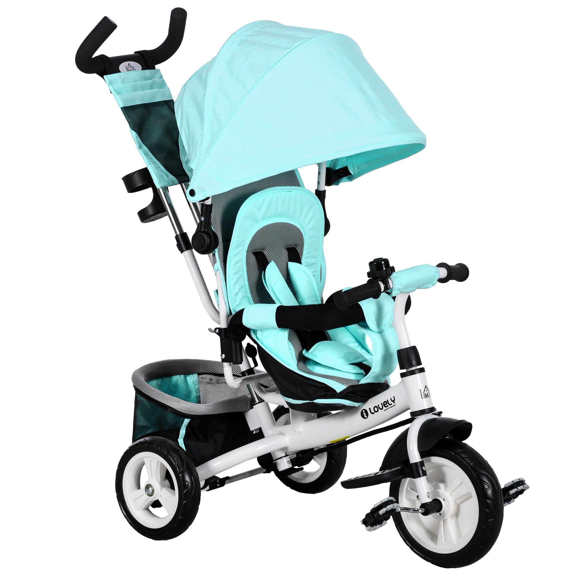 HOMCOM 6 in 1 Kids Trike Push Bike w/ Push Handle, Canopy, 5-point Safety Belt, Storage, Footrest, Brake, for 1-5 Years, Green - North Peak Garden Furniture