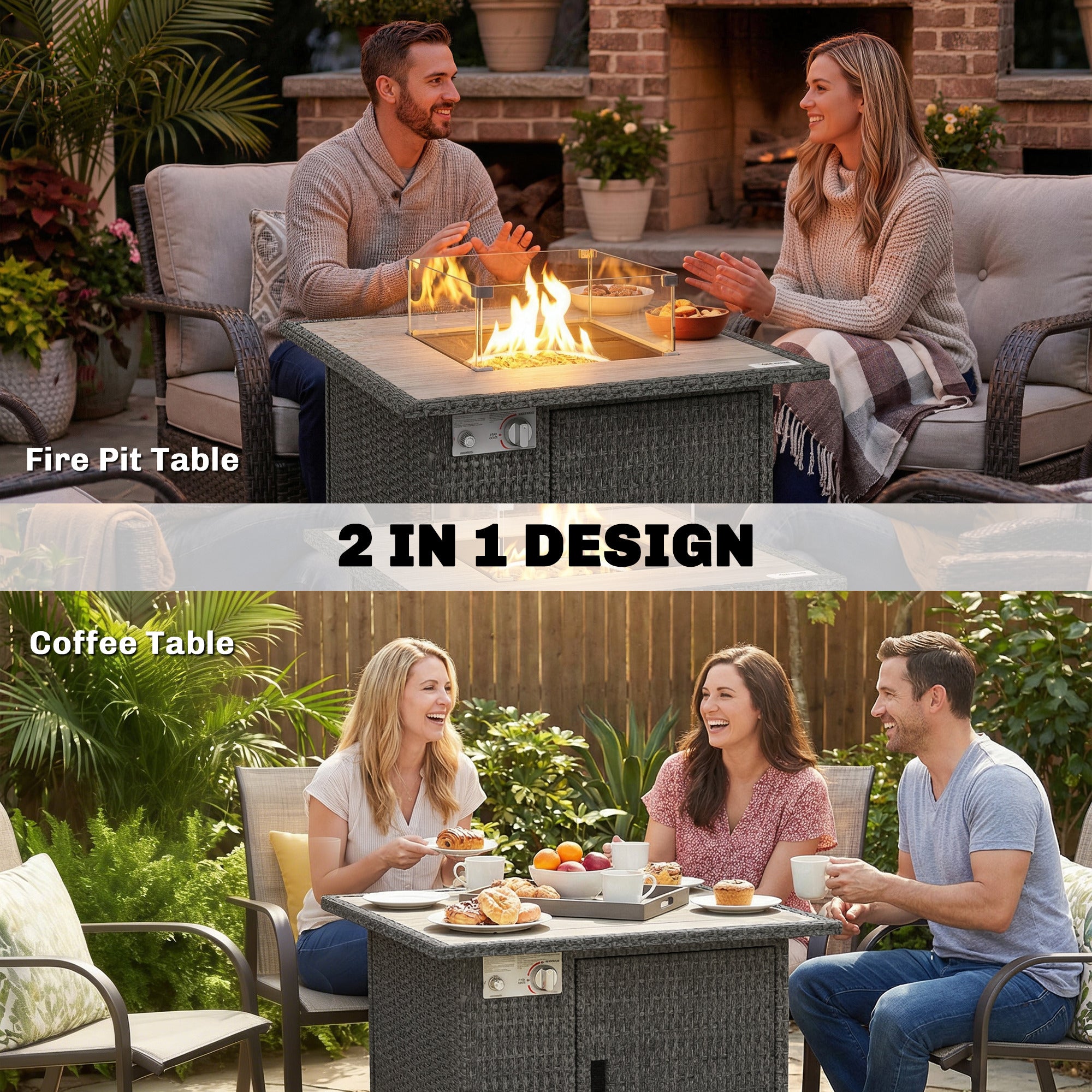 Outsunny 14.5 KW Rattan Gas Fire Pit Dining Table with Rain Cover, Wind Guard, Lid, Lava Rocks, Dark Grey