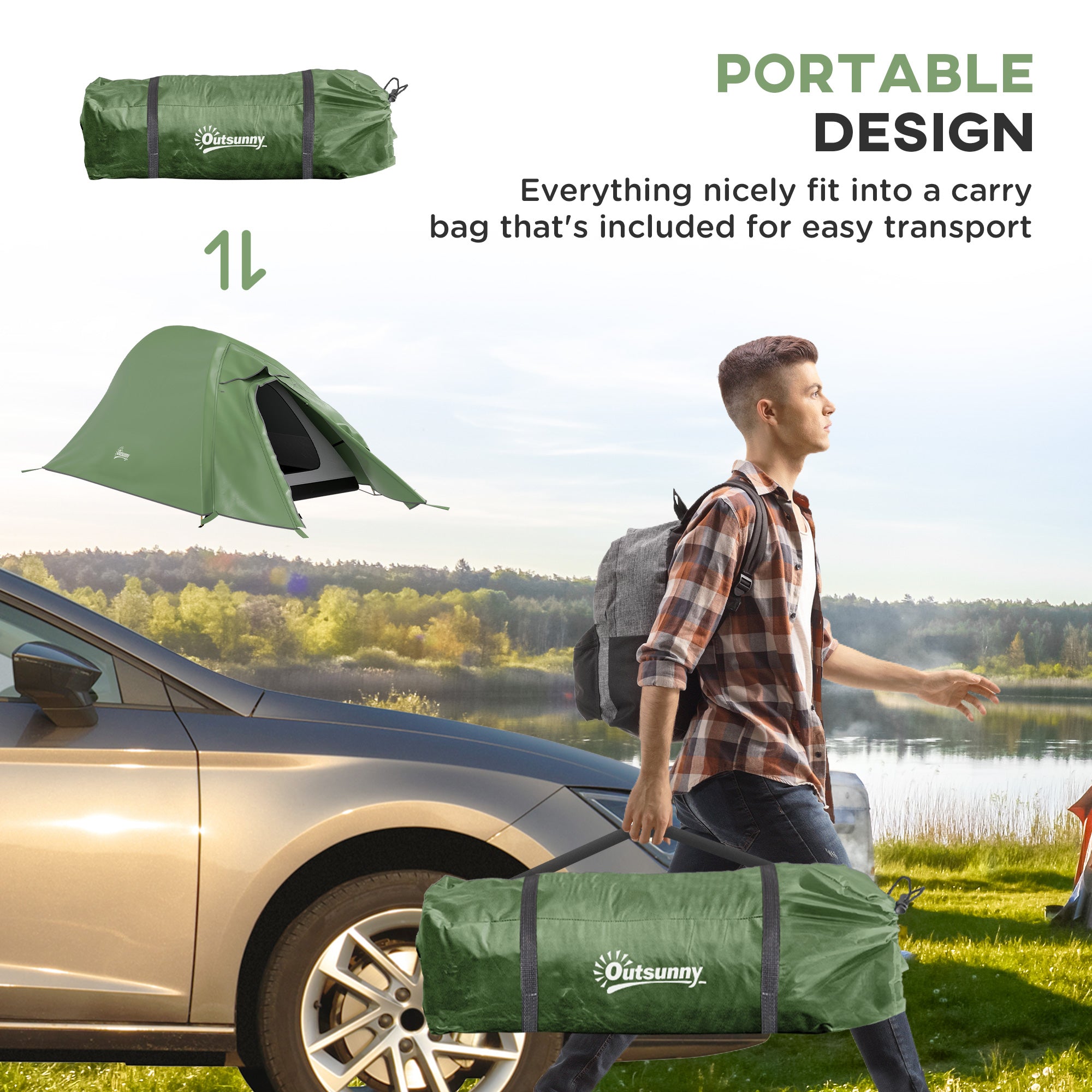 Outsunny Double Layer Camping Tent, 1-2 Man Backpacking Tent with Carry Bag, 2000mm Waterproof and Lightweight, Green - North Peak Garden Furniture