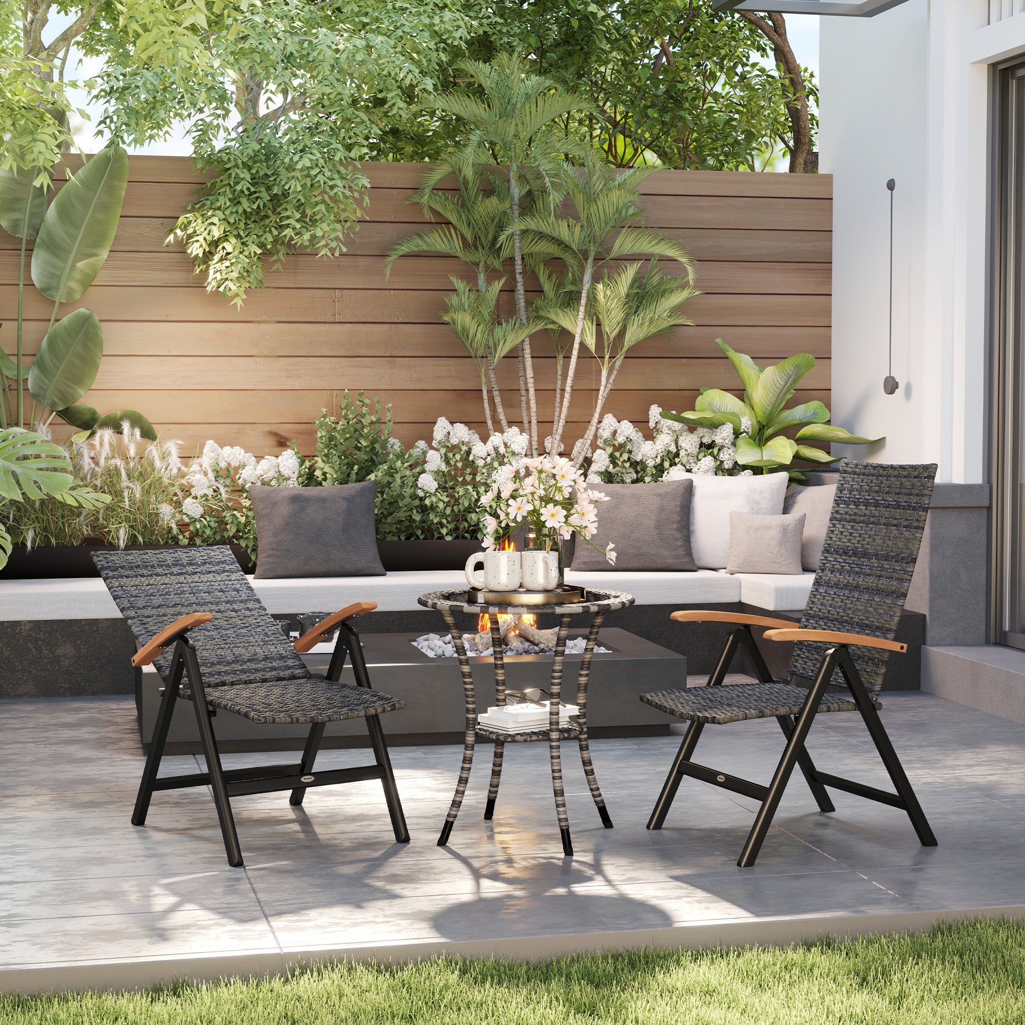 Outsunny 2 Pieces Outdoor Foldable Dining Chair with Armrests, High Backrest, for Garden, Camping, Balcony, Mixed-grey - North Peak Garden Furniture