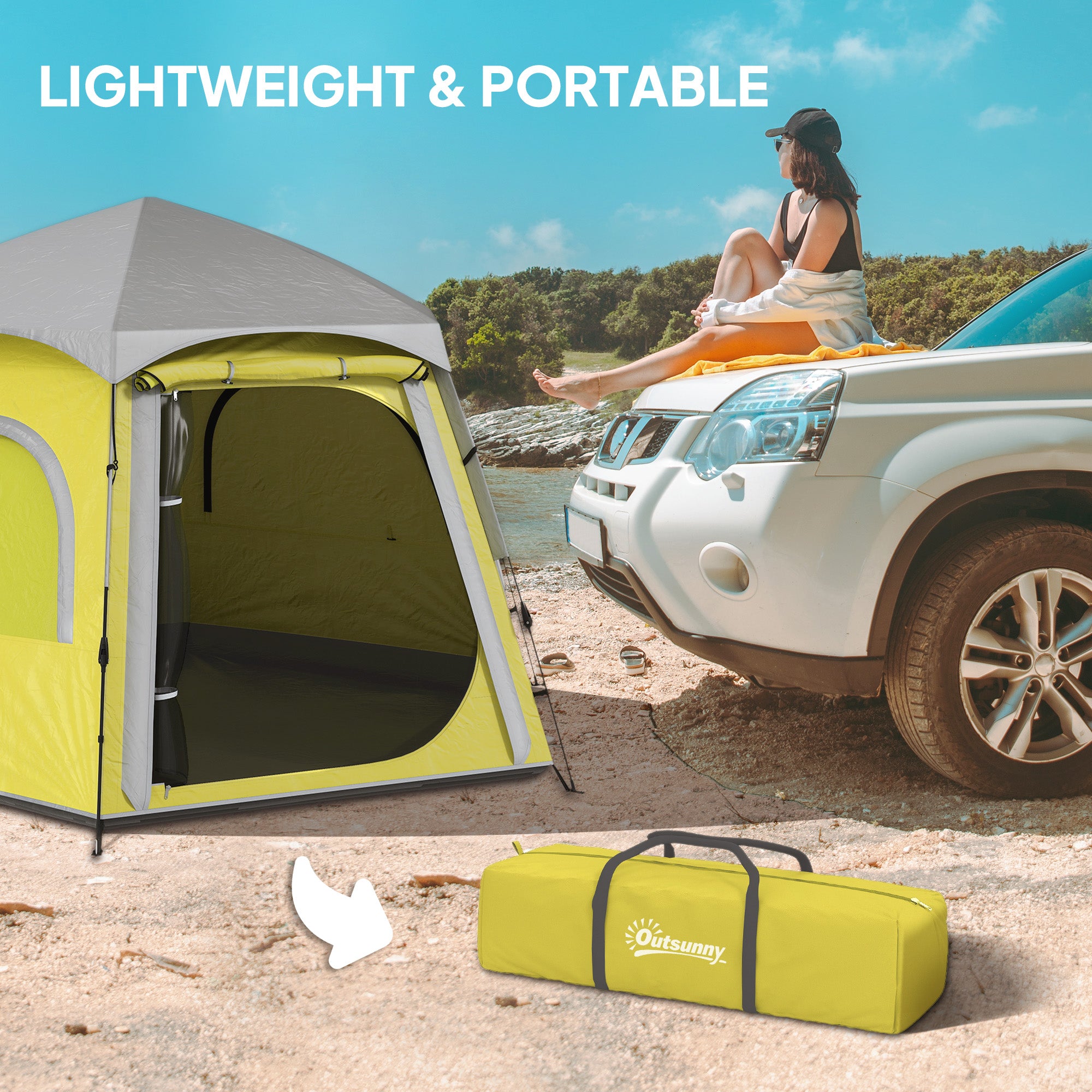Outsunny Instant Camping Tent, 2/3/4 Person Easy Setup Family Tent with Vestibule, Rainfly, 4 Mesh Windows & 2 Doors, Hexagonal Design, Waterproof UV Protected Dome Tent, Yellow Green - North Peak Garden Furniture