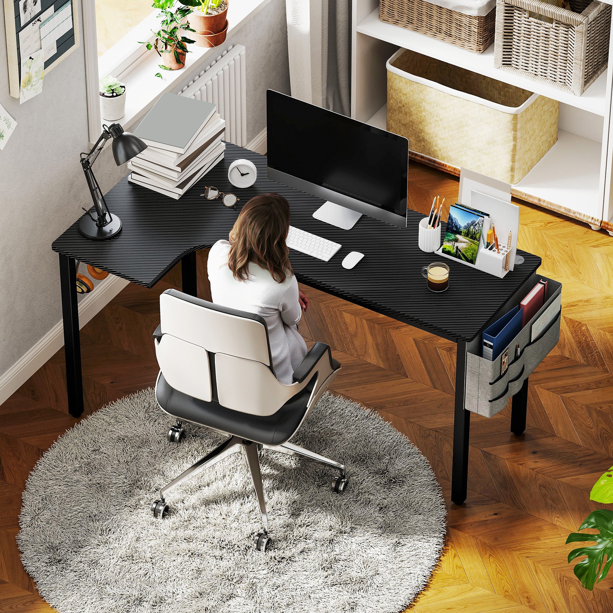 HOMCOM L-Shaped Computer Gaming Desk with Fabric Bag, Hooks and Cable Management, 145 x 81 x 76cm - Black - North Peak Garden Furniture