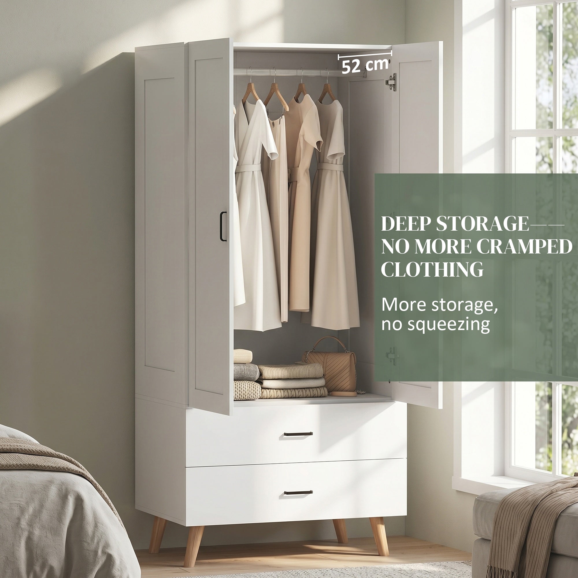 HOMCOM 2-Door Wardrobe, Modern Wardrobe with 2 Drawers and Hanging Rail for Bedroom, White