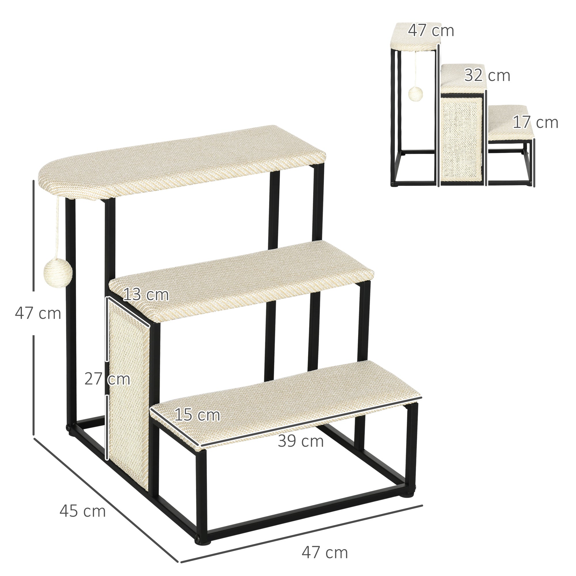 PawHut Three-Step Pet Stairs, with Sisal Scratching Board, Toy Hanging Ball, Steel Frame