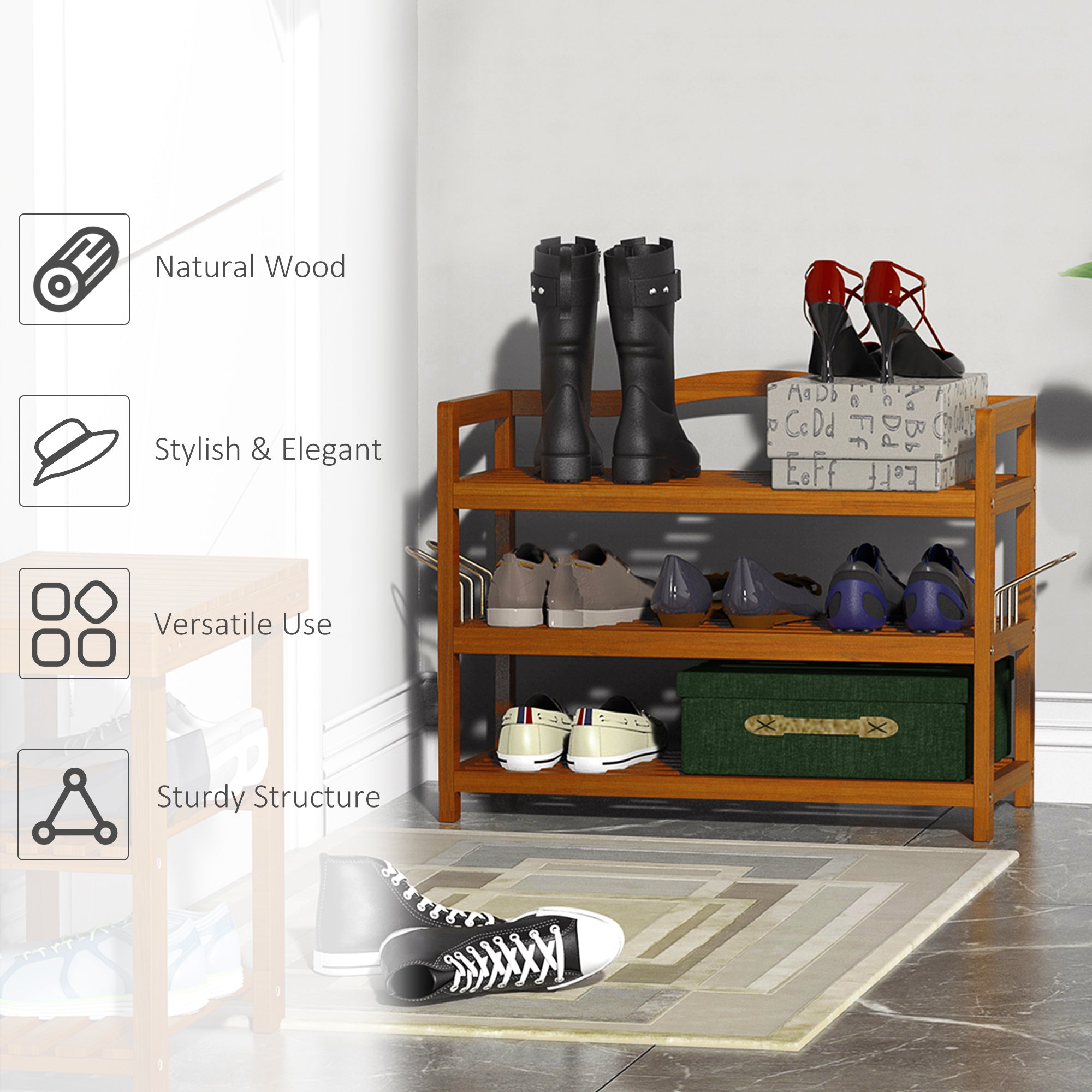 HOMCOM 3-Tier Shoe Rack, Acacia Wooden Shoe Storage Organiser with 2 Hangers, Holds up to 12 Pairs, for Entryway, Living Room, 74 x 26 x 62 cm, Teak - North Peak Garden Furniture